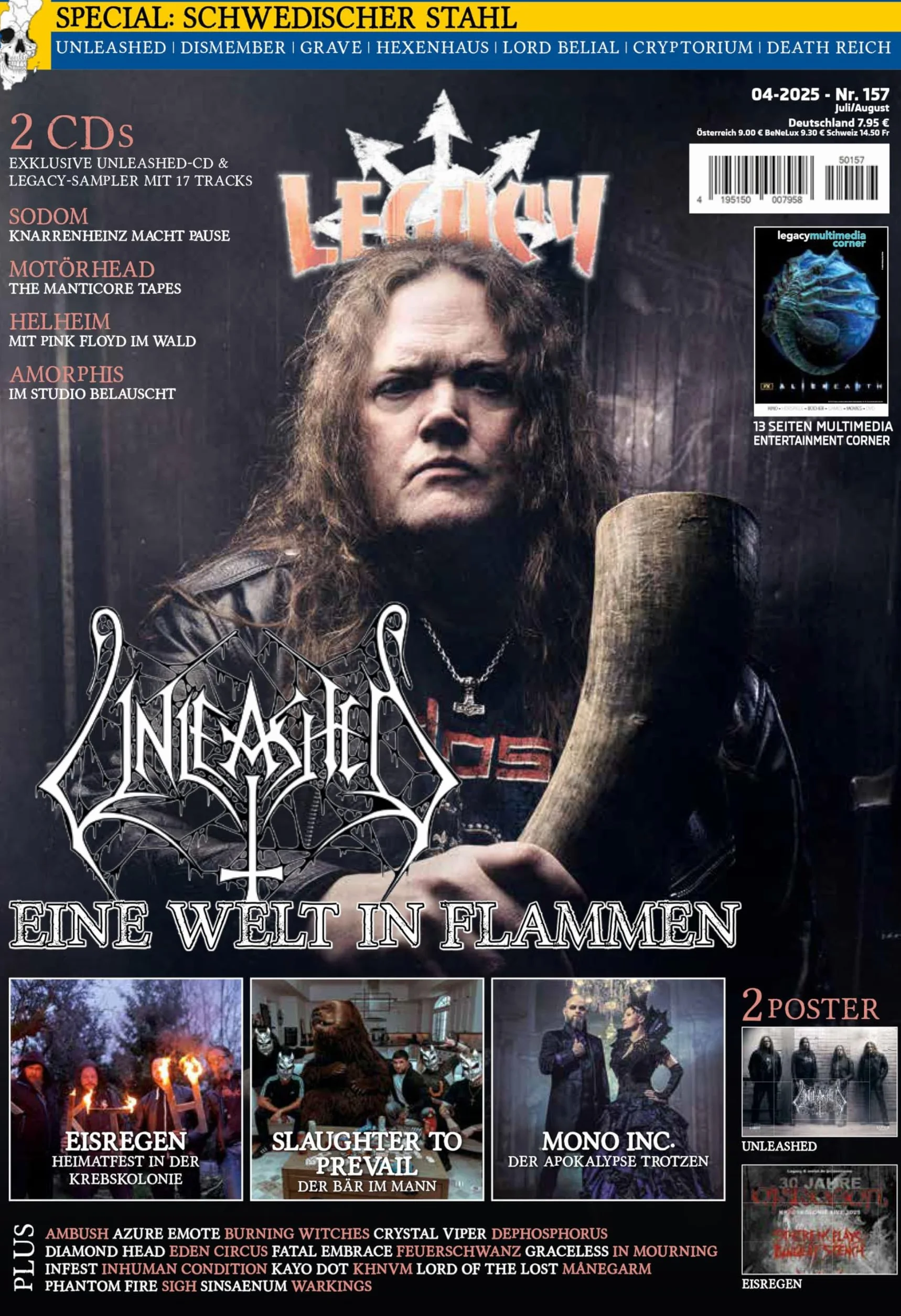 LEGACY MAGAZIN: THE VOICE FROM THE DARKSIDE Ausgabe #157: (4/2025) mit UNLEASHED inkl. exklusiver EP "Fire Upon Your Lands" mit 5 Tracks, sowie ... Hexenhaus, Cryptorium und Death Reich