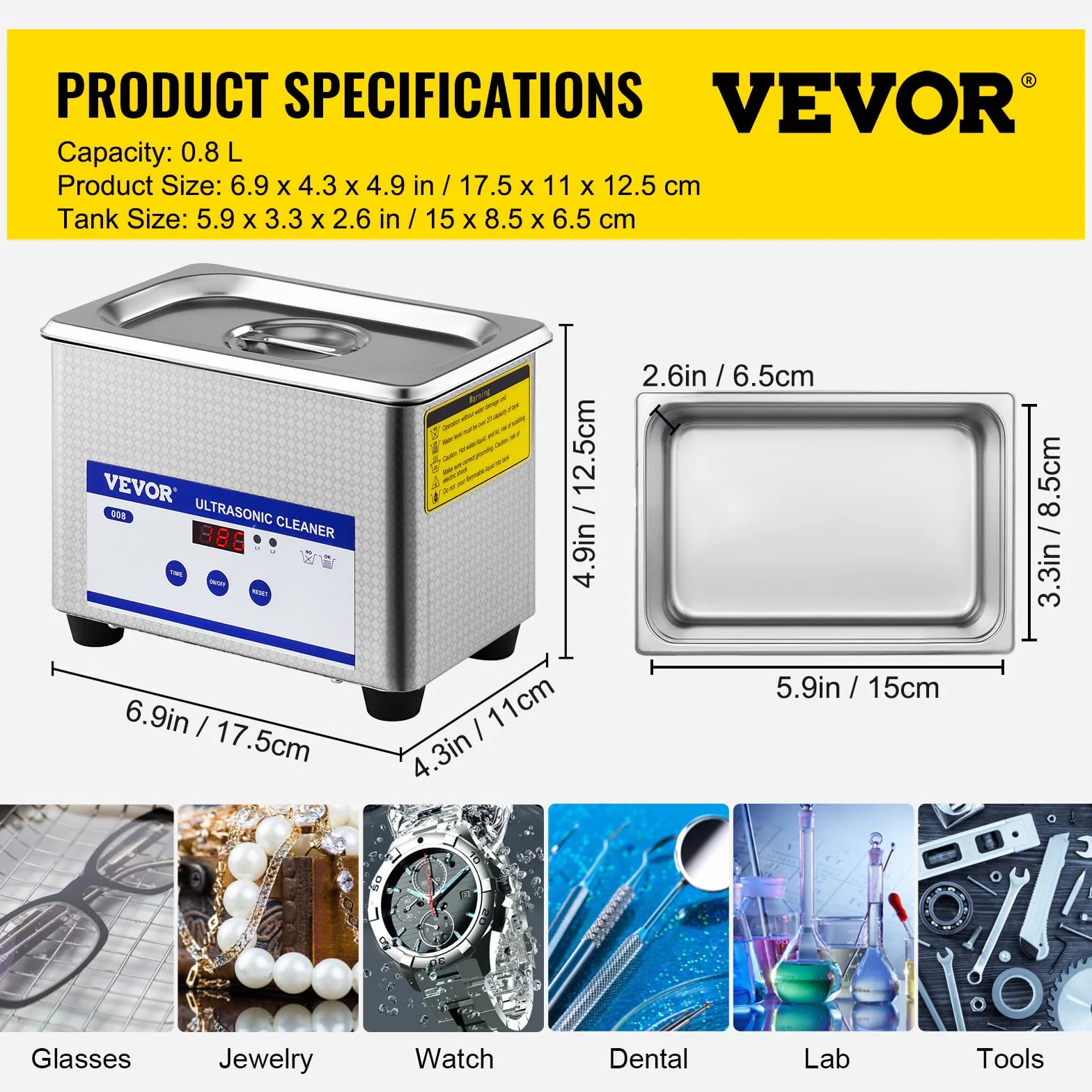 VEVOR Ultradźwiękowy środek czyszczący 800ml, 35W Profesjonalna myjka ultradźwiękowa ze stali nierdzewnej, mocna maszyna do czyszczenia ultradźwiękowego 40 kHz z wyświetlaczem LED do biżuterii,