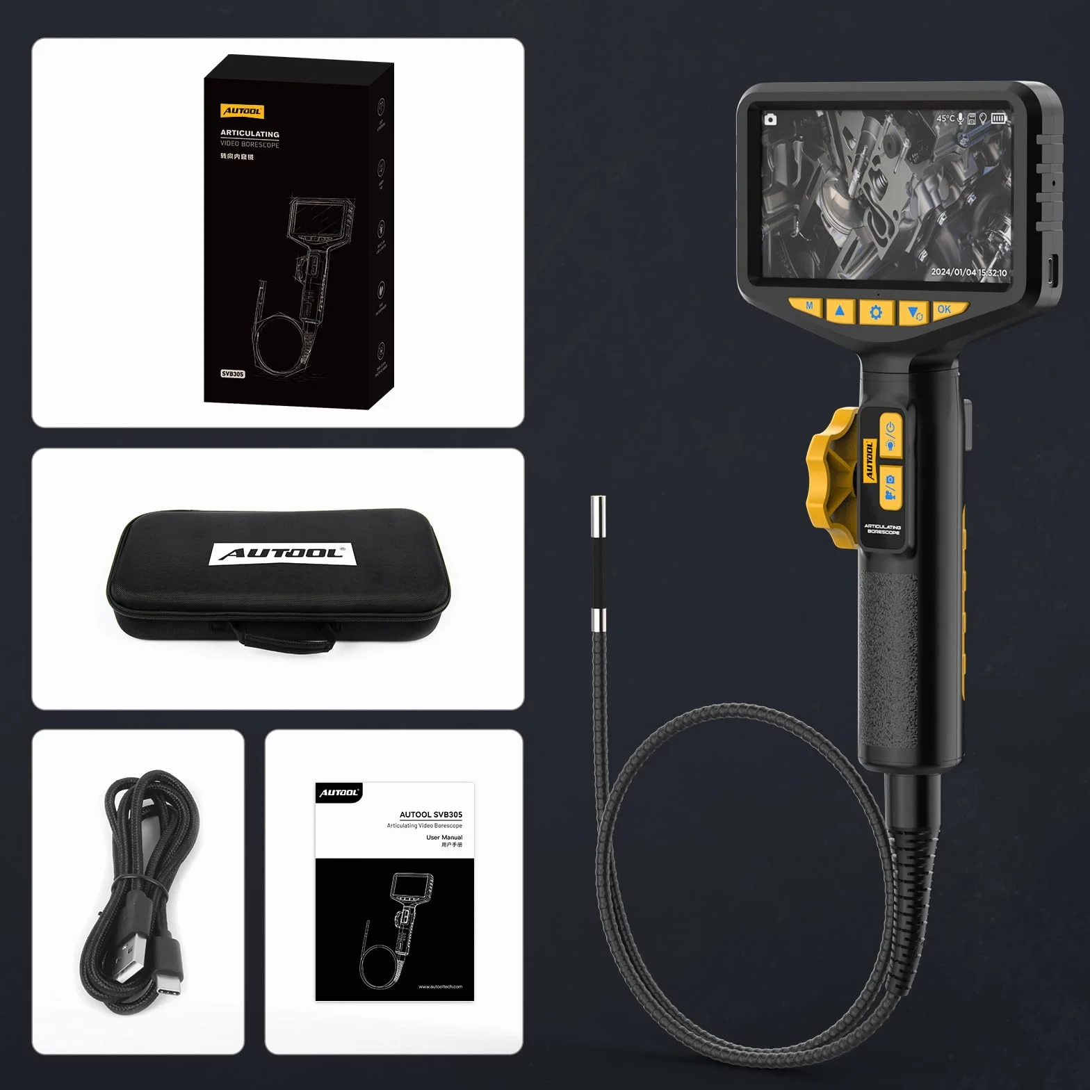 AUTOOL Dwukierunkowa kamera endoskopowa 210° 1080p boroskop przegubowy 0,5 cm karta SD 32 GB