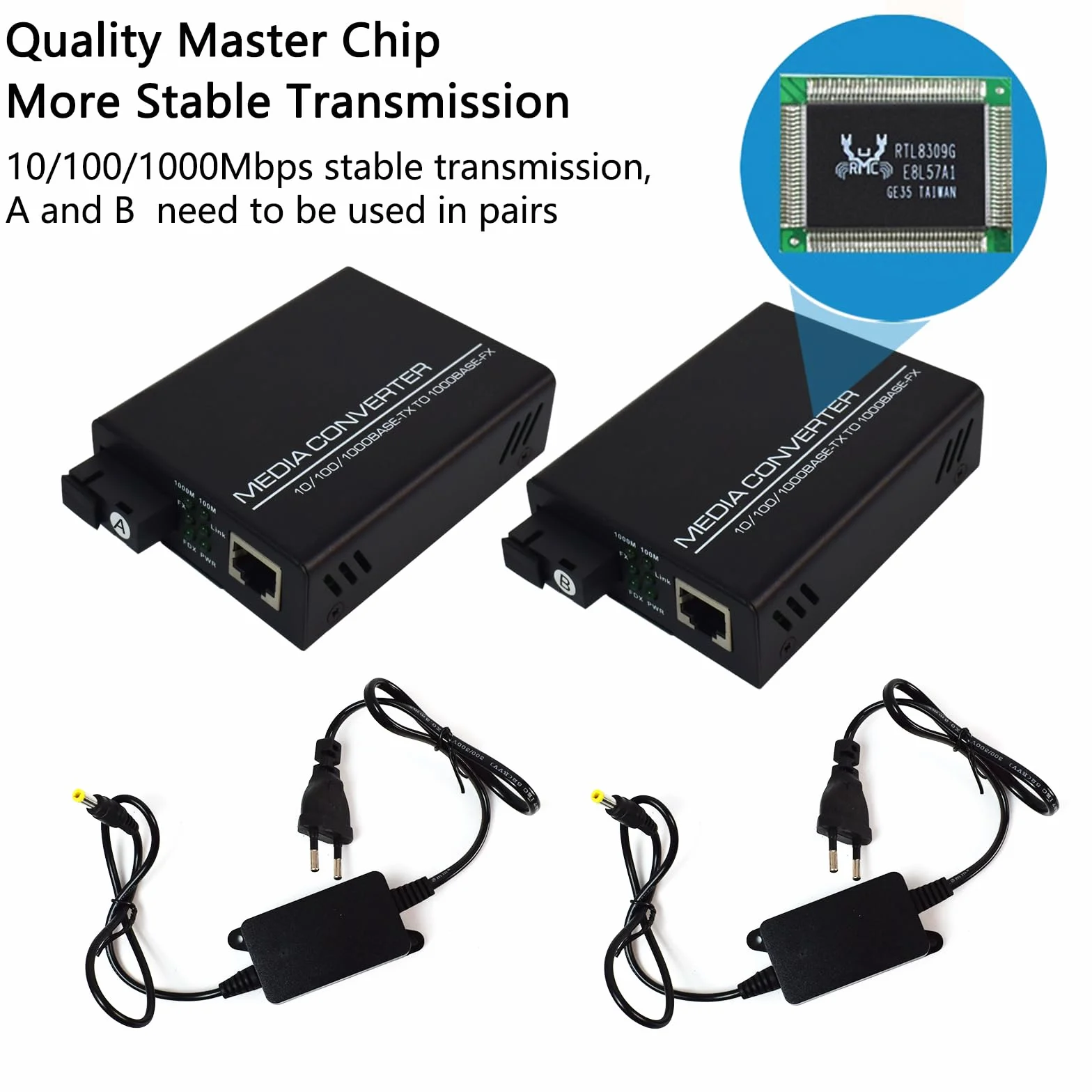 Gigabit Ethernet Media Converter 10/100/1000 Mb/s Konwerter światłowodowy z pojedynczym portem RJ45, SC, 5 V Zewnętrzne źródło zasilania, 2 opakowania