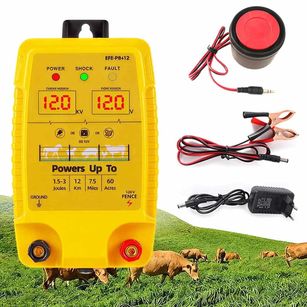 Urządzenie ogrodzeniowe 12 V, ogrodzenie elektryczne z wyświetlaczem LED, alarm, 1,5-3 J, elektryczne urządzenie do ochrony zwierząt gospodarskich, zasięg 12 km, zwierzęta domowe, drobi