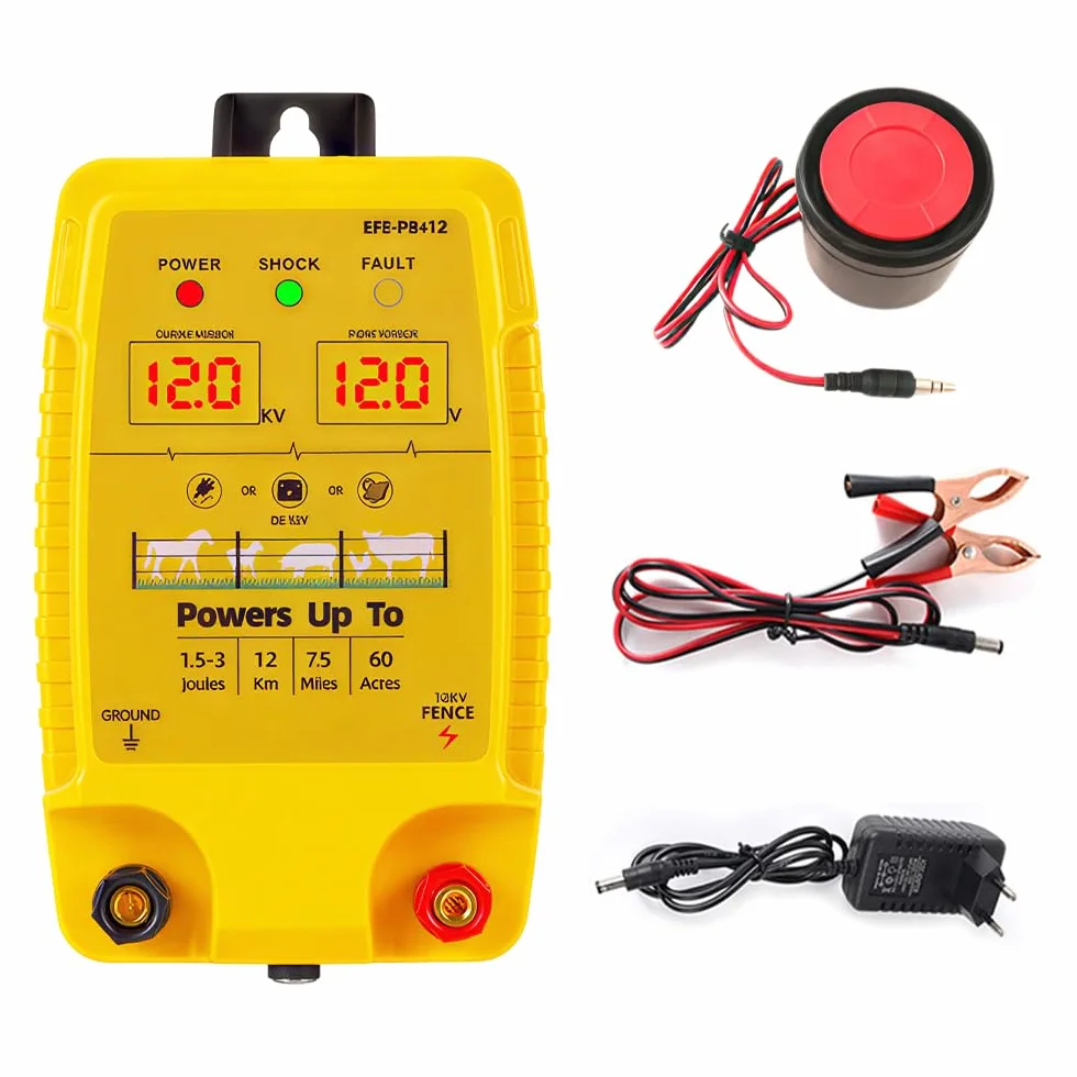 Urządzenie ogrodzeniowe 12 V, ogrodzenie elektryczne z wyświetlaczem LED, alarm, 1,5-3 J, elektryczne urządzenie do ochrony zwierząt gospodarskich, zasięg 12 km, zwierzęta domowe, drobi