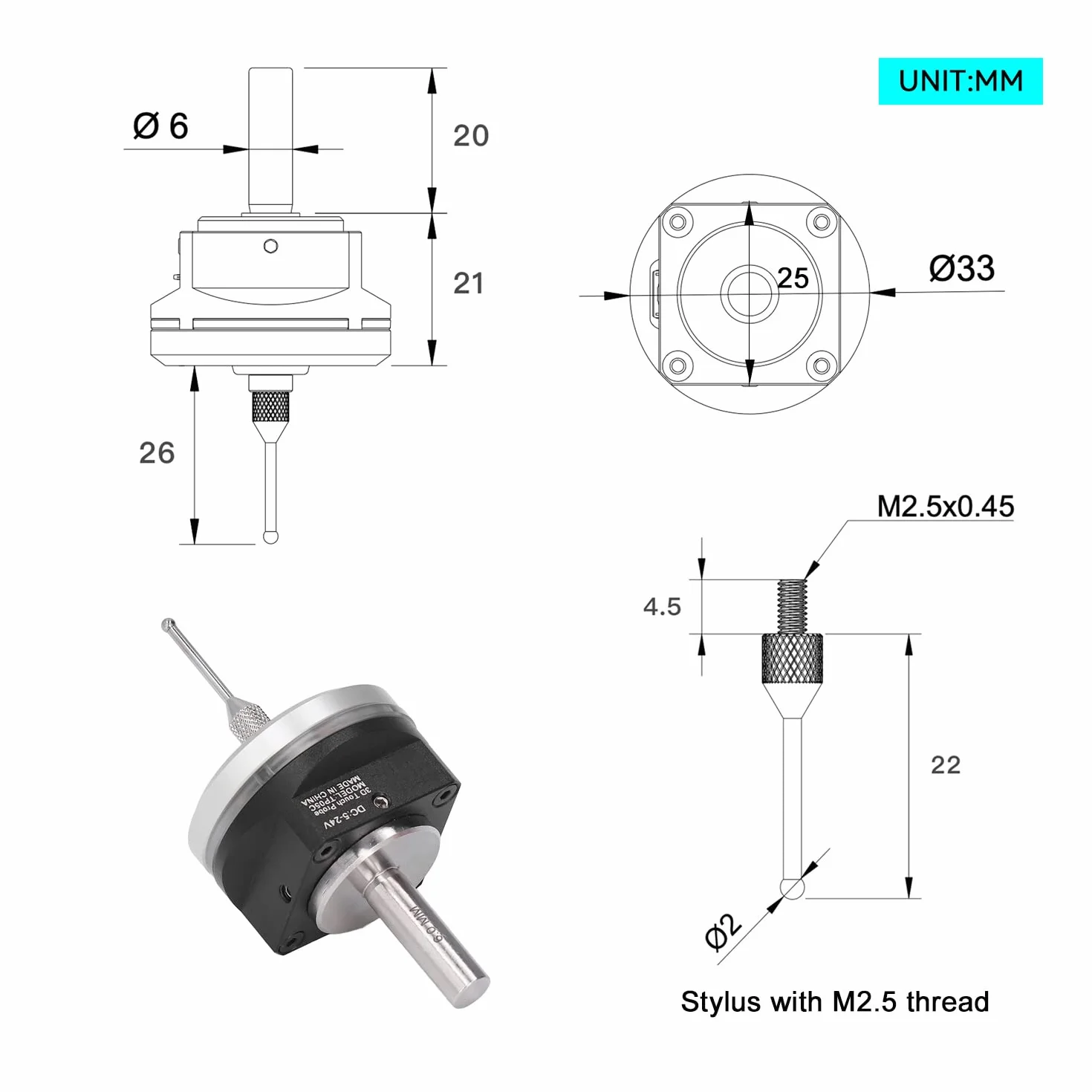 RATTMMOTOR Przycisk krawędziowy CNC 3D DC 5-24 V wyszukiwacz krawędzi z kablem 2M kompatybilny Mach3 Grbl V5