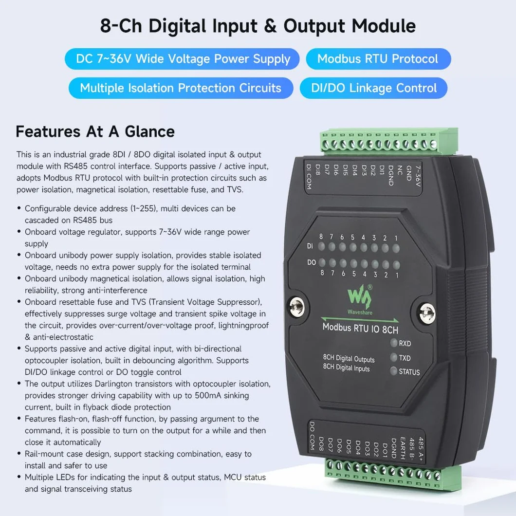 Waveshare Industrial 8-Ch Digital Input Output Module DC 7-36V Modbus RTU Rail-Mount
