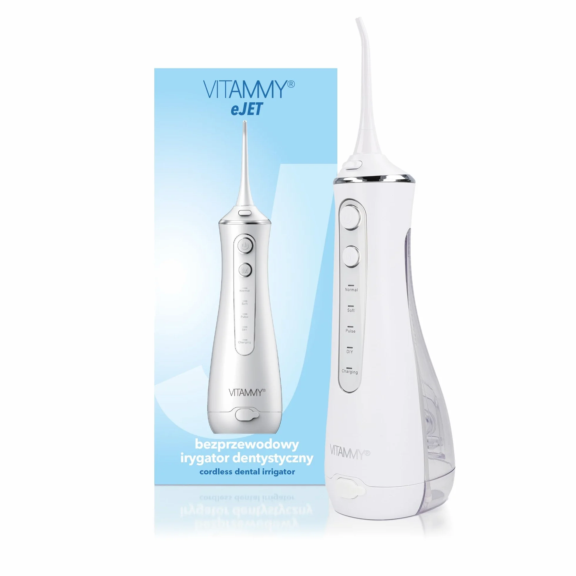 VITAMMY eJet Irygator Dentystyczny, Bezprzewodowy, 5 Końcówek, Ciśnienie 90 PSI, 200ml Zbiornik, Ładowanie USB, IPX7 Wodoszczelny