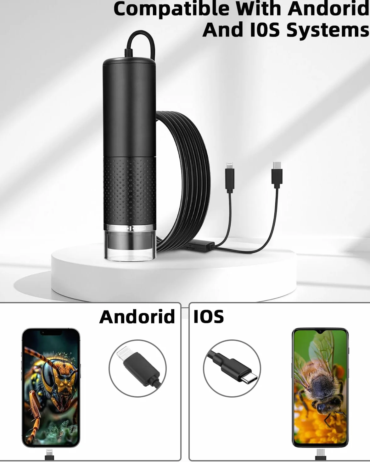 Mikroskop USB, 1080p HD, kompatybilny z iOS, Android, tabletem, przenośny mikroskop kieszonkowy od 10 do 200x, 3-stopniowa regulacja LED, mikroskop cyfrowy, przenośny mikroskop dla dorosłych i dzieci