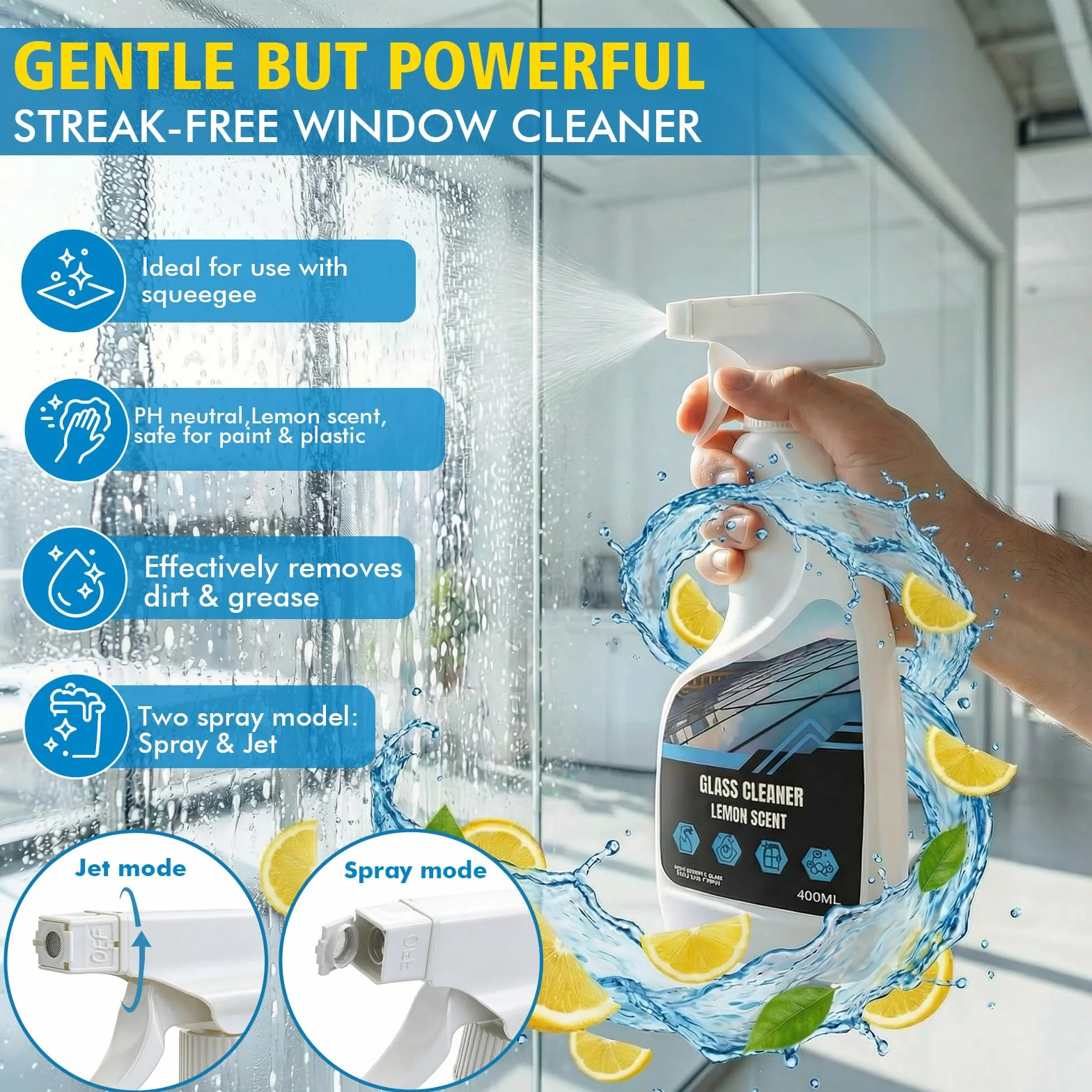 Zestaw sprzętu do czyszczenia okien zawiera środek do czyszczenia okien 400 ml i szczotkę 2 w 1 z wysuwanym drążkiem do czyszczenia 79" (2 m), zestaw do czyszczenia okien bez smug do okien, szklanych