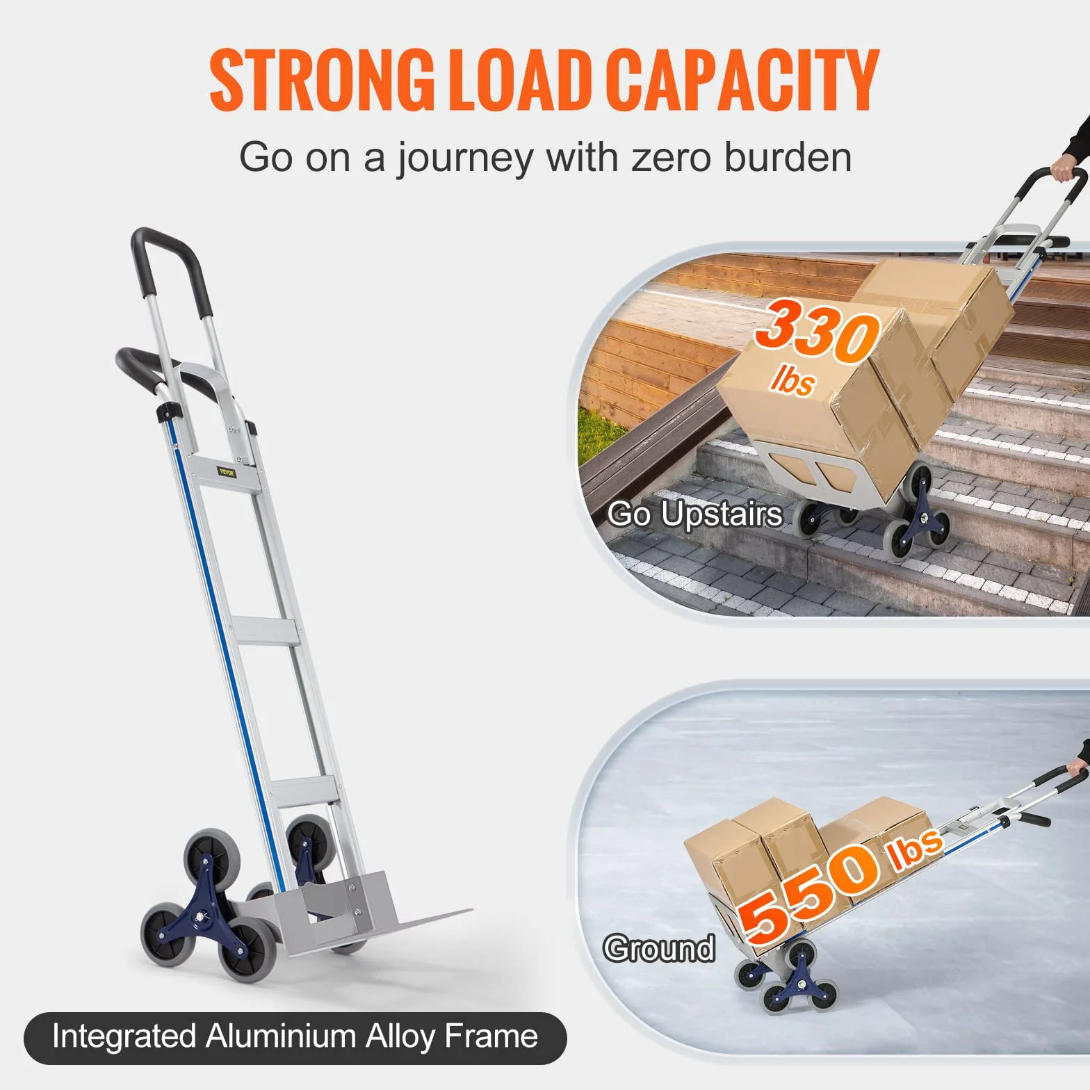 VEVOR Wózek wspinaczkowy po schodach, nośność 250 kg, aluminiowa wózek ręczny z podwójnymi uchwytami, zintegrowaną ramą i antypoślizgowymi gumowymi kołami, wielofunkcyjny wspinacz schodowy do magazynu