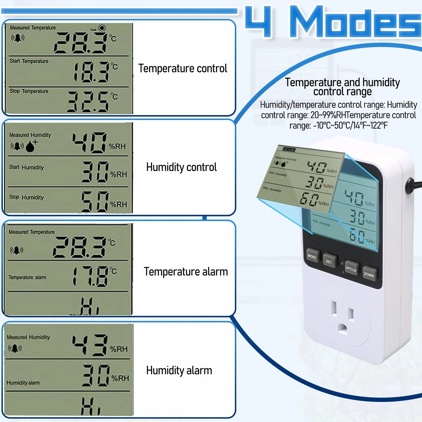 Regulator wilgotności, przełącznik temperatury, 230 V, z czujnikiem, termostat gniazdkowy, przełącznik do szklarni, terrarium, kiełkowania nasion szklarni, ogrzewania, chłodzenia (najnowszy model)