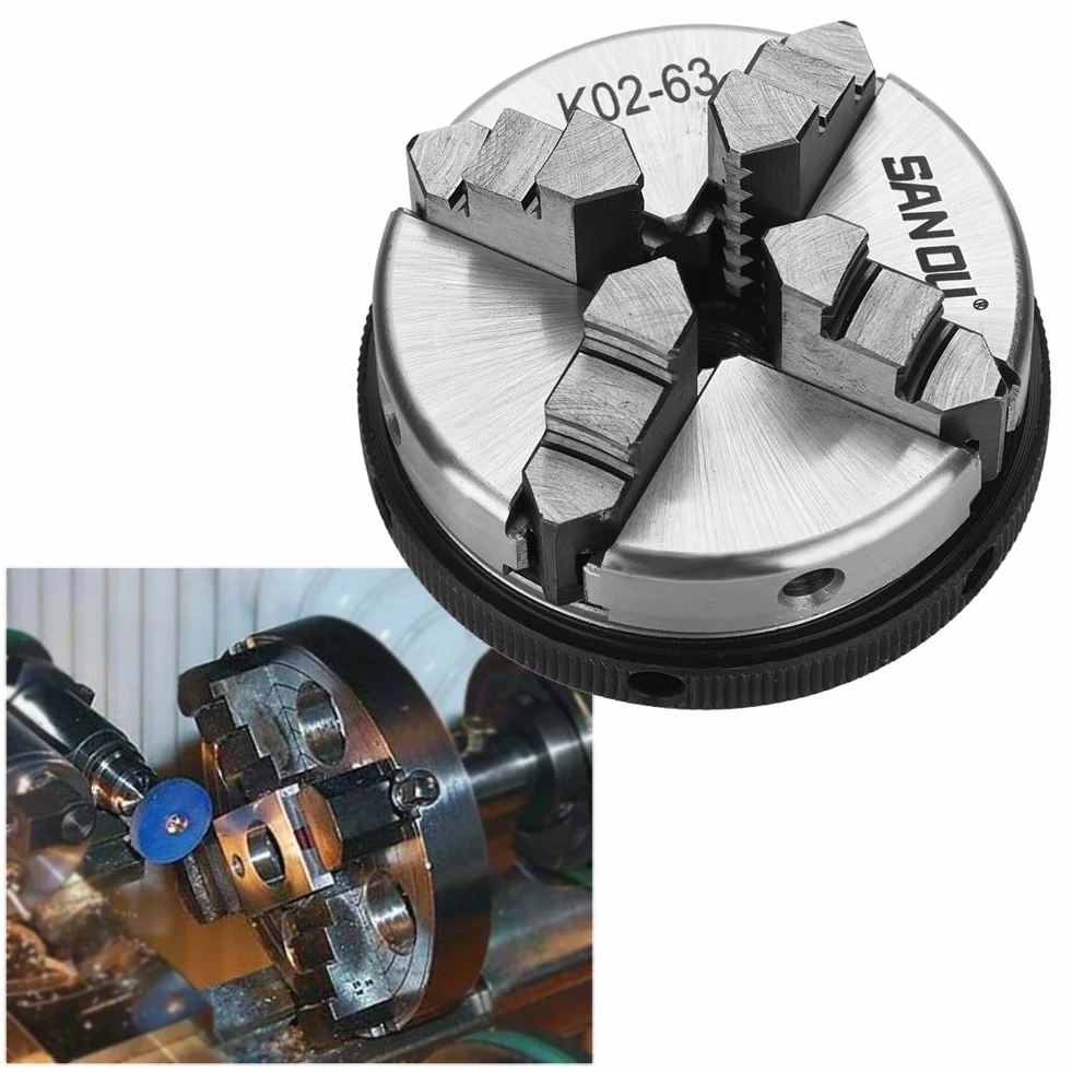 Uchwyt tokarski, K02-63 Samocentrujący uchwyt tokarski Samocentrujący 4-szczękowy uchwyt tokarski Metalowy uchwyt tokarski Samocentrujący uchwyt tokarski z prętami do obróbki drewna