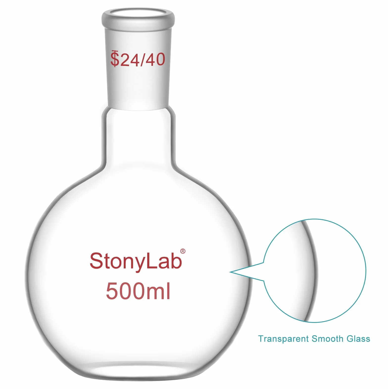 StonyLab 500ml Glas Einhals Flachboden Kochflasche Flachbodenflashe mit 24/40 Standard Taper Outer Joint, Single Neck Flat Bottom Boiling Flask - 500ml