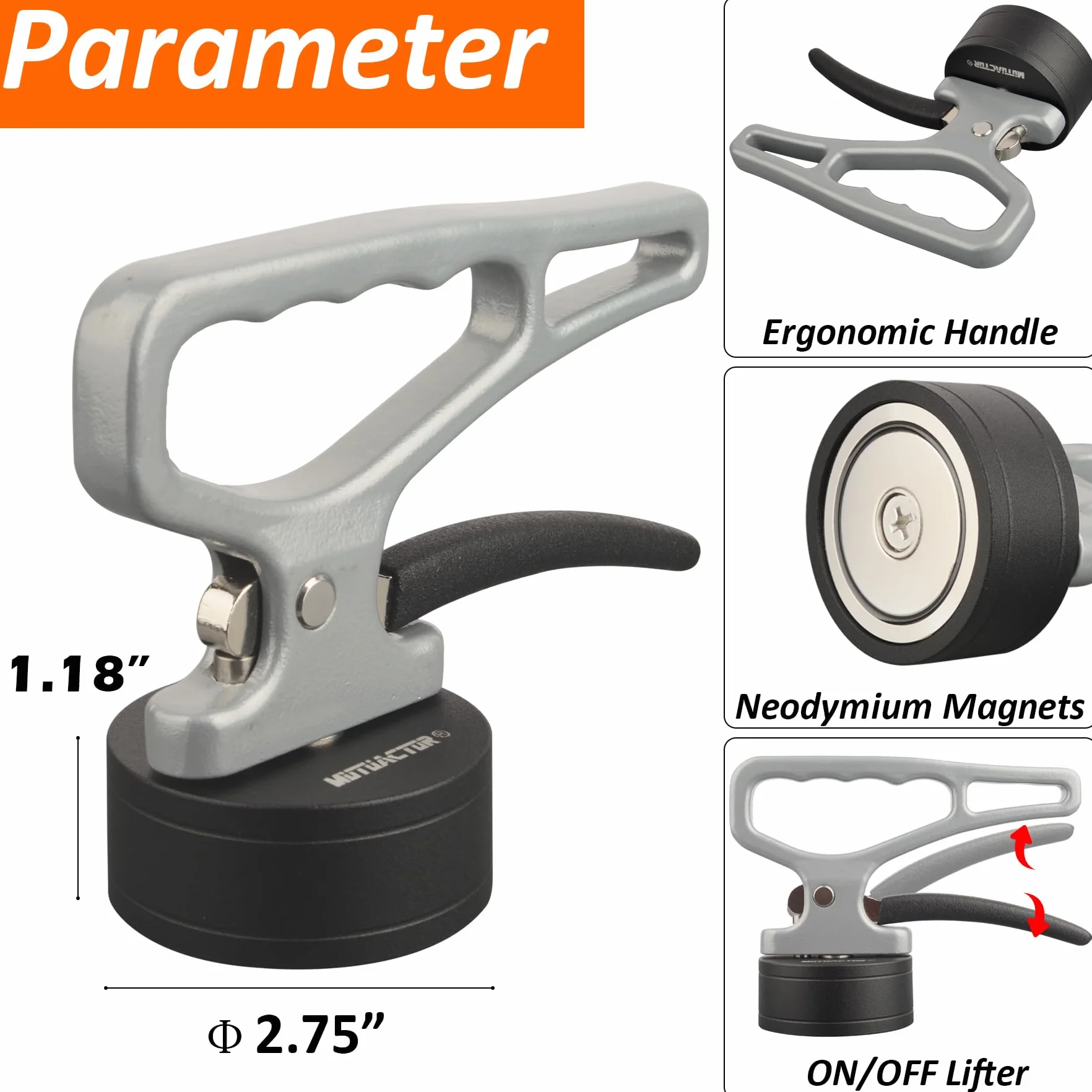 MUTUACTOR Wydajny magnes neodymowy Rare Earth Magnetic Lifer, Heavy Duty magnes z uchwytem regulowanym do przenoszenia, 1 sztuka Quick Release magnetyczny uchwyt narzędziowy do uchwytów metalowych