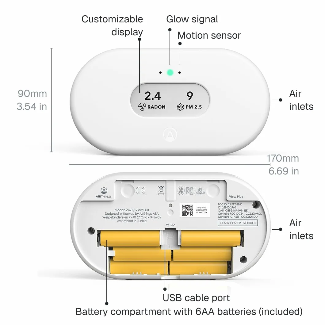 Airthings 2960 View Plus – inteligentne urządzenie pomiaru jakości powietrza i radonu (PM, radon, CO2, VOC, wilgotność, temperatura)