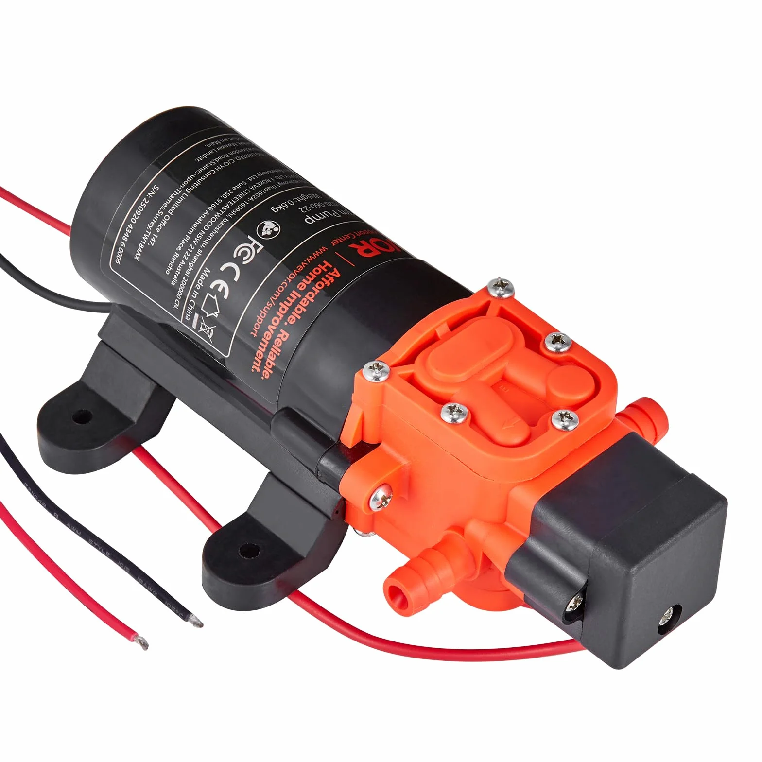 VEVOR Pompa membranowa, 12 V DC, 4,5 l/min, samozasysająca, 2-komorowa, membranowa pompa wodna z 2 zaciskami do węża, maks. ciśnienie 5,5 bar, cicha praca, do przyczep kempingowych, łodzi, nawadniania