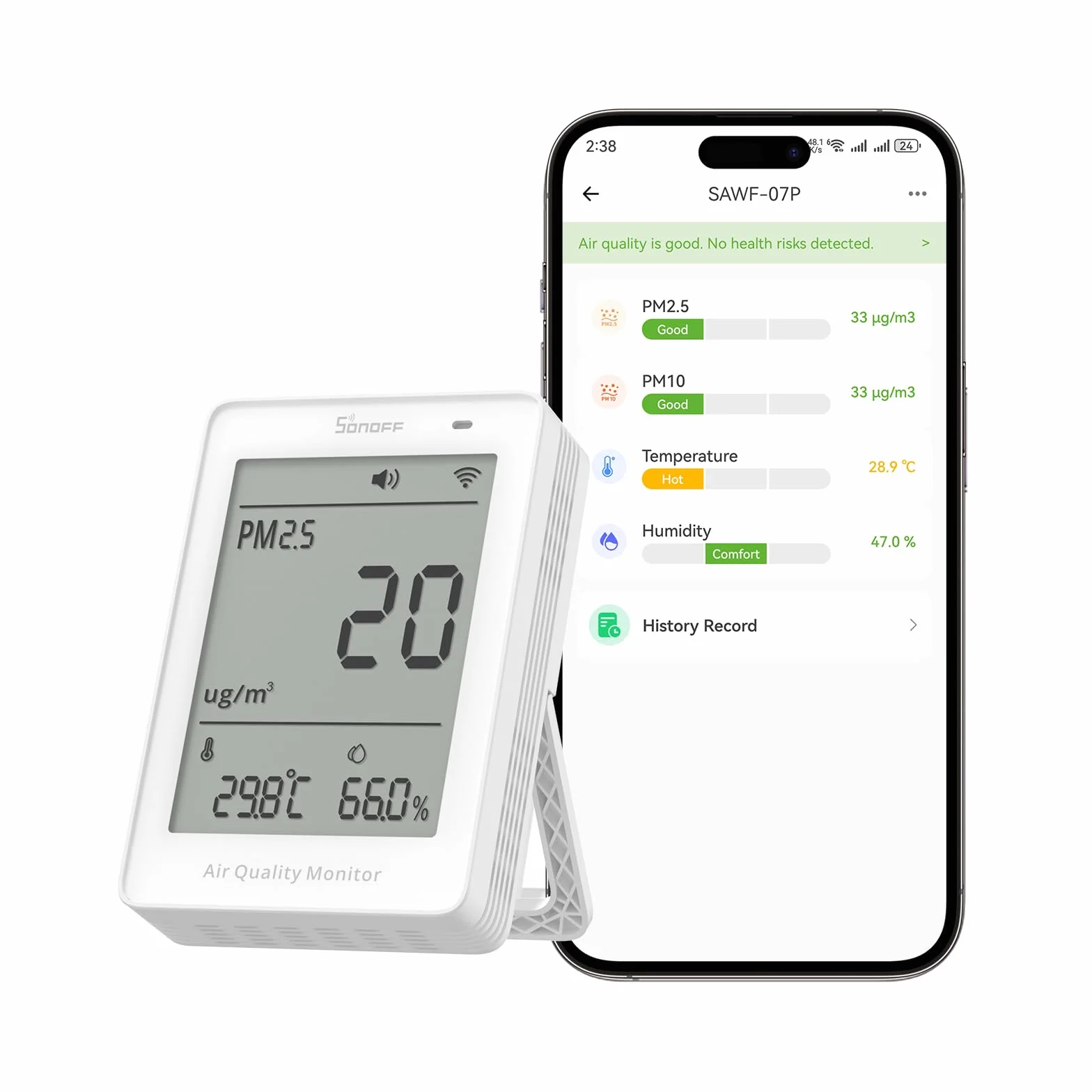 SONOFF Inteligentny Monitor Jakości Powietrza z Czujnikiem PM2.5, PM10, Temperatury i Wilgotności, Wyświetlacz i Alarm w Czasie Rzeczywistym, Zgodny z Matter, WiFi 2.4GHz, Ekran 3.73 Cala