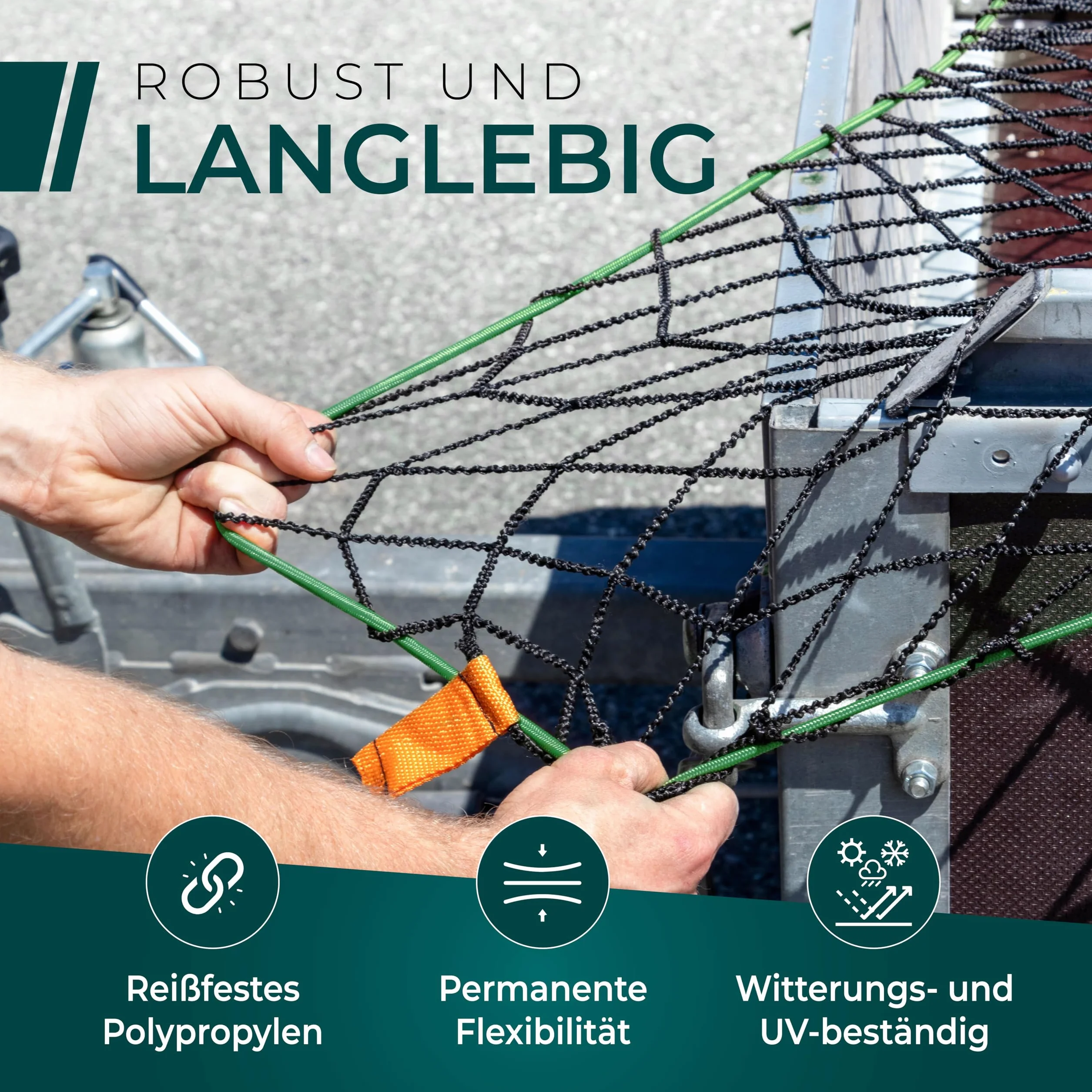 CargoVA® Inteligentna siatka na przyczepę do idealnego zabezpieczenia ładunku, rozciągliwa, od 1 x 2 m do 2 x 3 m, czarna, z gumową linką, 20 haczyków do plandek, oznaczone narożniki