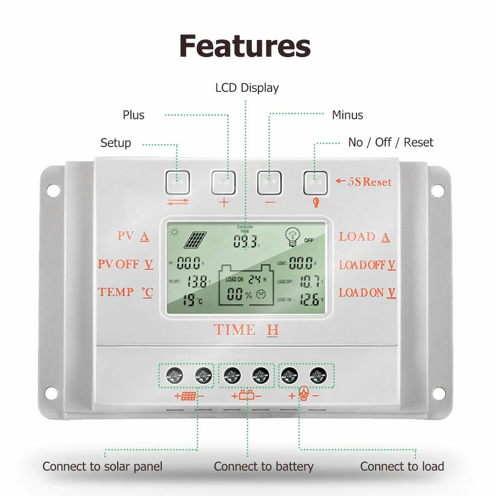 SolaMr 10A Solar Charge Controller 12V/24V Auto Identification Voltage Intelligent Regulator z wyświetlaczem LCD - M10
