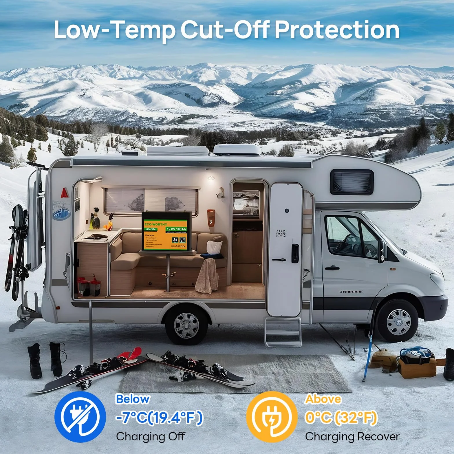 ECO-WORTHY Bateria litowa Bluetooth 12 V, 100 AH, akumulator LiFePO4 z ochroną w niskiej temperaturze, inteligentny BMS, 1280 Wh do przyczep kempingowych, samochodów kempingowych, systemów solarnych