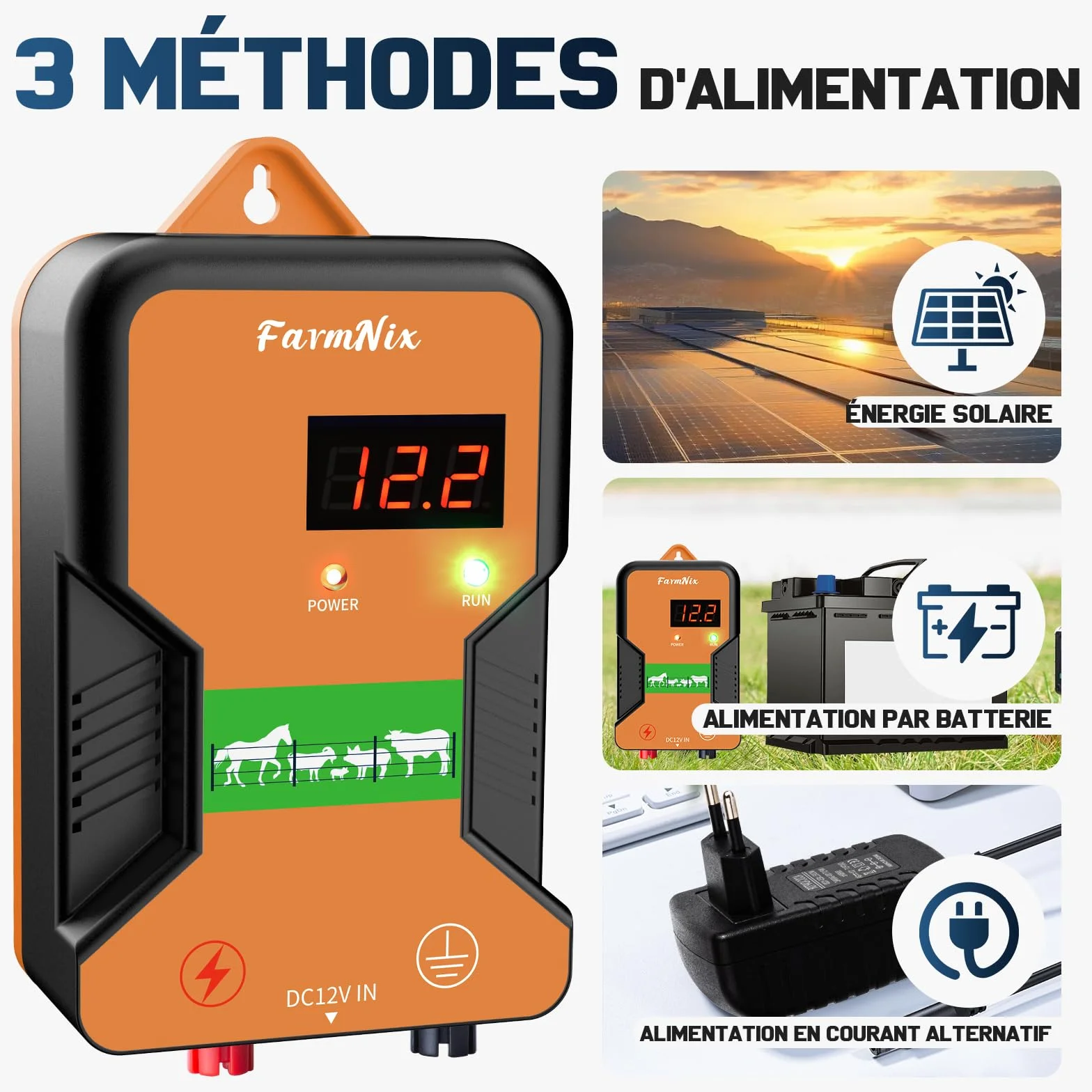 15 KM Elektryczny płot dla zwierząt gospodarskich, elektryczny elektryzator ogrodzenia, duża moc 12 V 2,0 J 10 mil, ochrona dla koni bydła, owiec i drobiu, farma ogrodowa, pastwiska