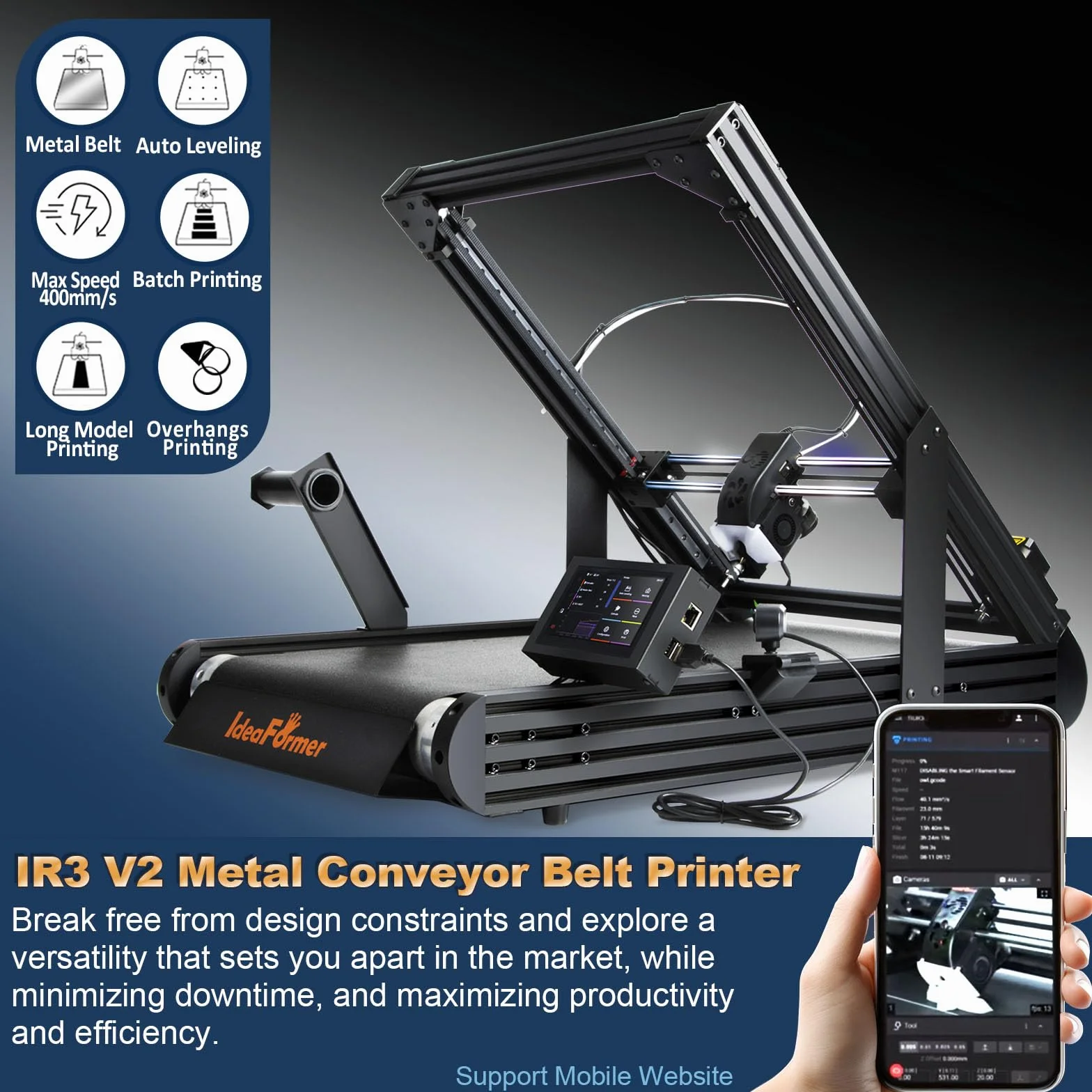 IdeaFormer IR3 V2 drukarka 3D z przenośnikiem, 250 × 250 × ∞ mm, nieskończony metalowy pasek, maszyny drukarskie 3D, długie, stosy i druk wielkomodelowy, maks. 400 mm/s