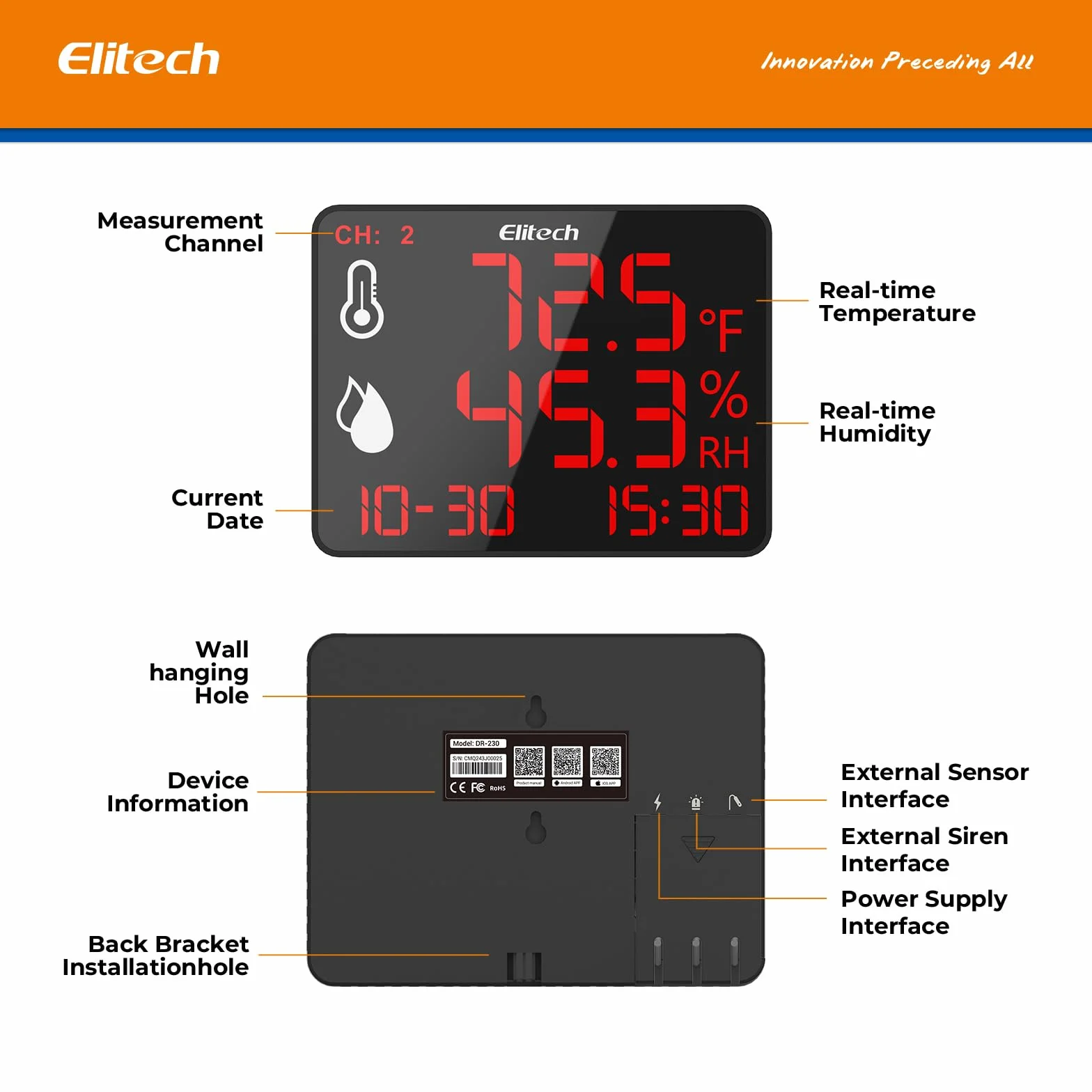 Elitech Cyfrowy termometr z higrometrem z podwójną sondą zewnętrzną 2x2m, rejestrator Bluetooth 30000 punktów, duży ekran do magazynu szklarni laboratoryjnej, DR-230-THDE