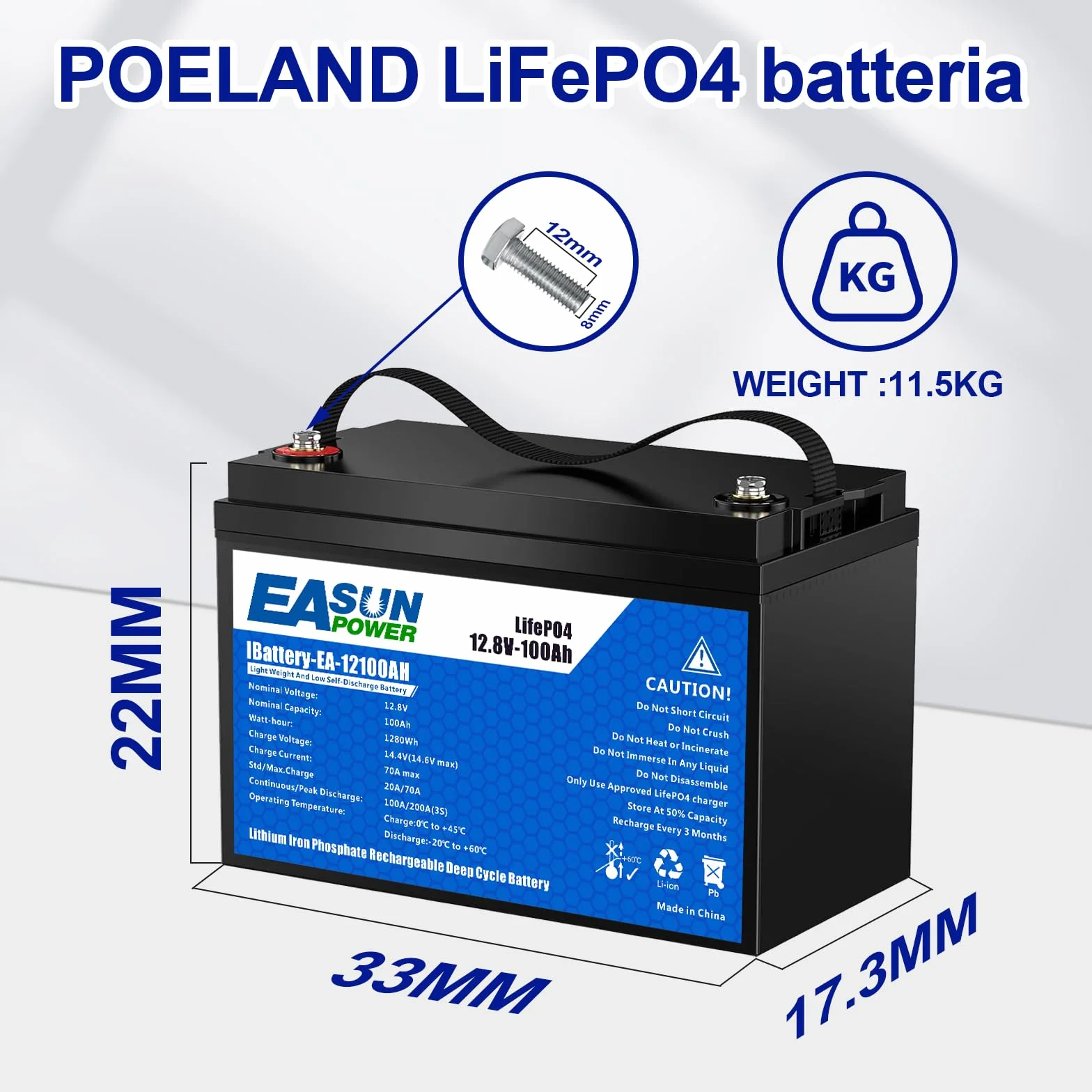 POWLAND Akumulator LiFePO4 12 V 100 Ah o głębokości ponad 6000 cykli, bateria litowa 12 V i ochrona BMS, idealny do morskich, panelu fotowoltaicznego, domu (12V 100A)