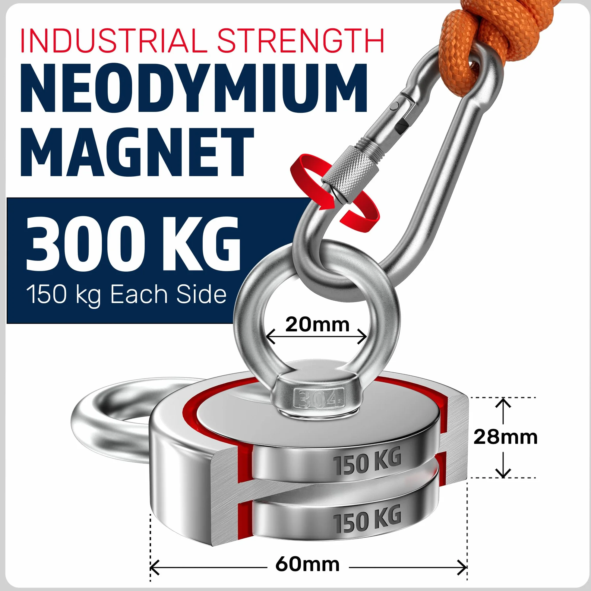 MAGFISHION Dwustronny Zestaw do Magnetycznego Wędkarstwa - Siła Przyciągania 300KG (2x 150kg) - Ø60mm - Magnes Neodymowy - Z Ciemnopomarańczową Liną (20M) & Rękawice - Magnes Ryba