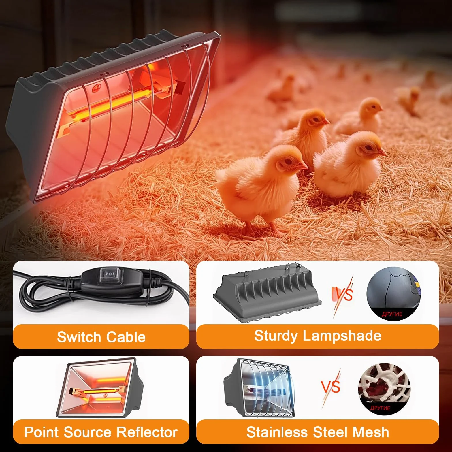 Ogrzewanie kurnika, 250 W, wodoszczelna lampa grzewcza na podczerwień, dla zwierząt, termostat, lampa grzewcza z regulowanym łańcuchem do zawieszania dla piskląt, szczeniaków, kotów, świń, psów, gadów
