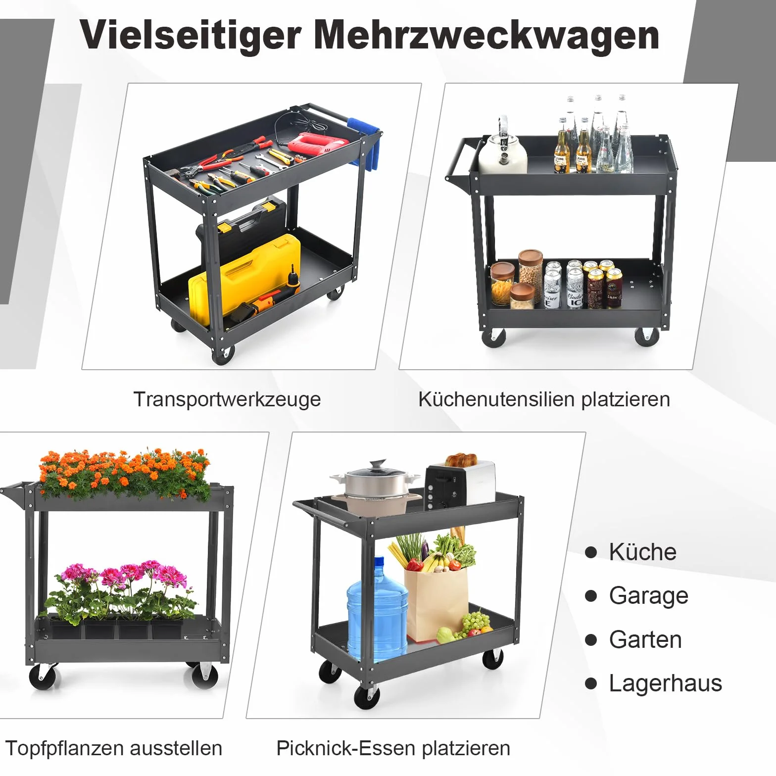COSTWAY Wózek warsztatowy z 2 kondygnacjami, wózek narzędziowy z uchwytem, wózek warsztatowy z metalu, obciążenie do 100 kg, wózek montażowy kondygnacyjny do domu, garażu, 85 x 41 x 79 cm (Czarny)
