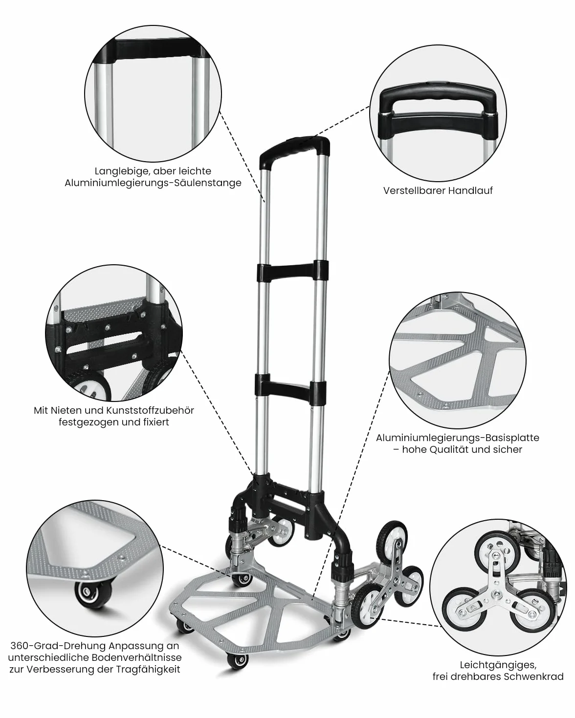 Wózek do wchodzenia po schodach, składany, z wodoszczelną torbą, regulowany uchwyt, aluminiowy wózek transportowy, do 125 kg, ulepszony, składany wózek schodowy o 360°, uniwersalny, cztery małe