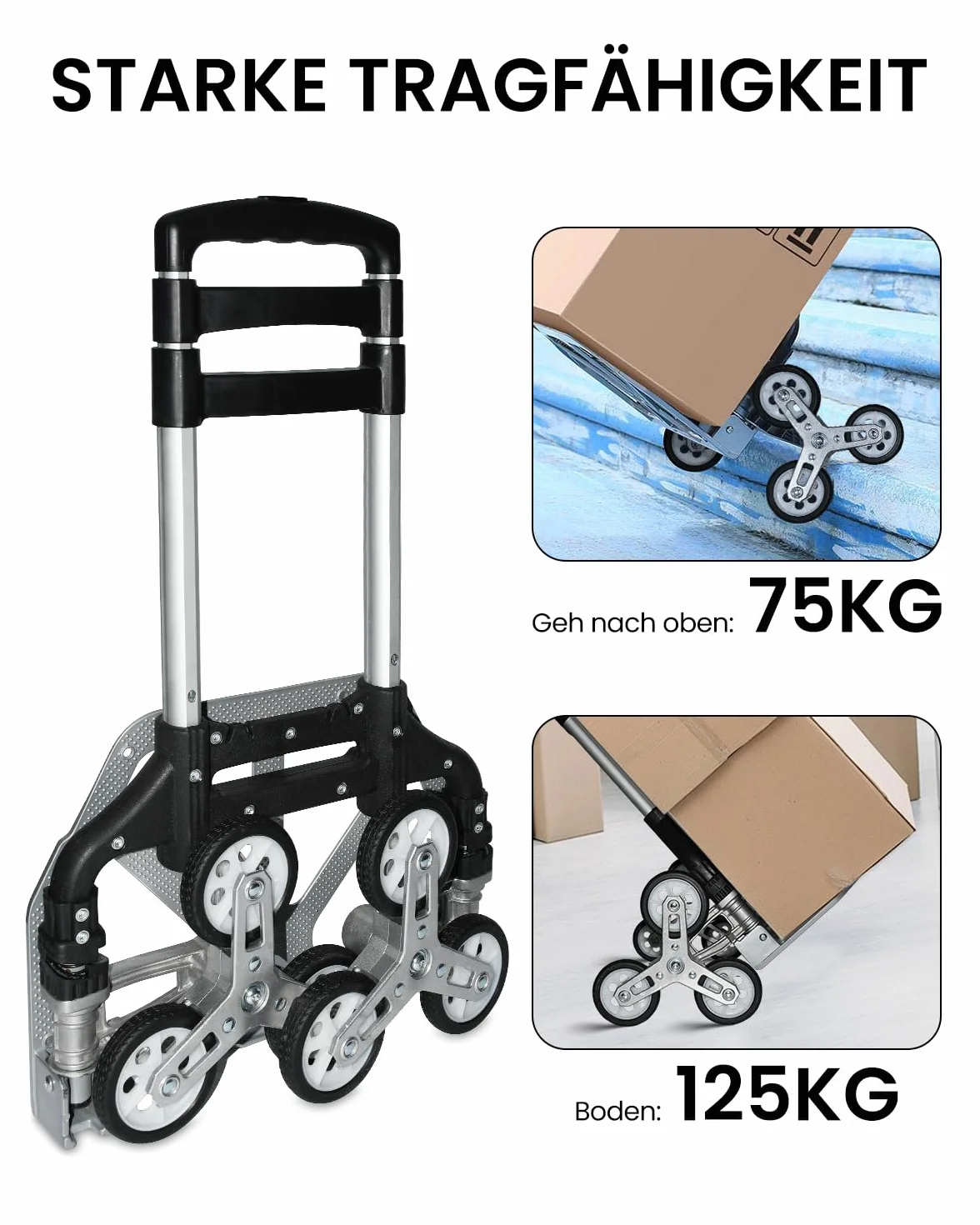 Wózek do wchodzenia po schodach, składany, z wodoszczelną torbą, regulowany uchwyt, aluminiowy wózek transportowy, do 125 kg, ulepszony, składany wózek schodowy o 360°, uniwersalny, cztery małe