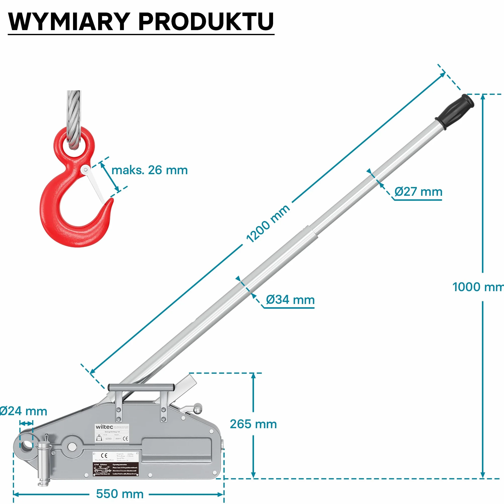 Wiltec Ręczna wciągarka linowa 1600 kg ze stalową liną 20 m i Ø 11 mm, hak z blokadą, wyciągarka ręczna do prac leśnych, budowlanych i warsztatowych