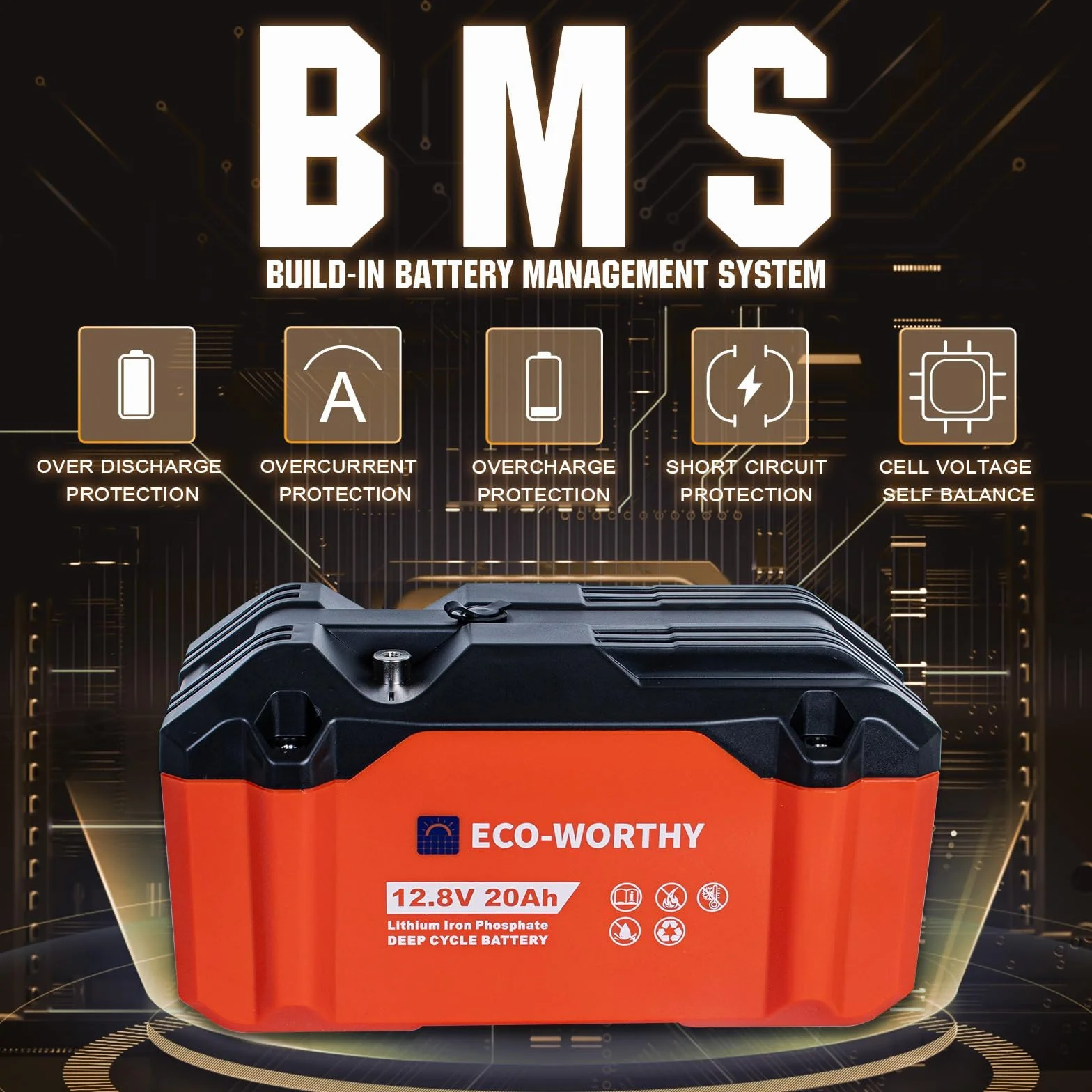 ECO-WORTHY 256 Wh LiFePO4 12 V 20 Ah, akumulator litowo-żelazowo-fosforanowy 12 V z ochroną BMS i do 15000 cykli głębokiego rozładowania do kempingu, silnika do trolingu, łodzi