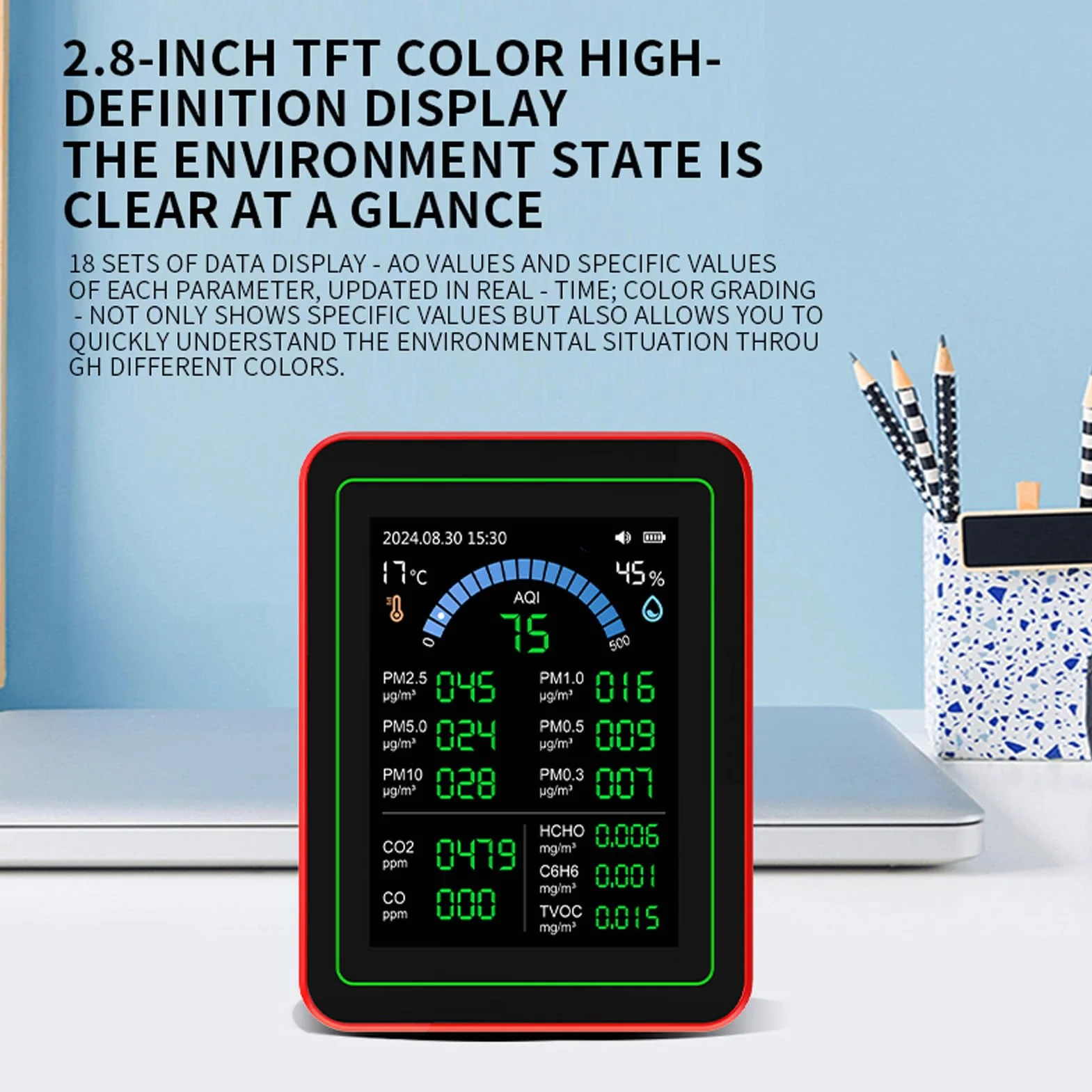 18 w 1 Tester Jakości Powietrza do Domu, Monitor Jakości Powietrza w Pomieszczeniach, z Indeksem Jakości Powietrza, CO2, HCHO, TVOC, PM5.0, PM0.3, PM1.0, PM2.5, PM10 itd.