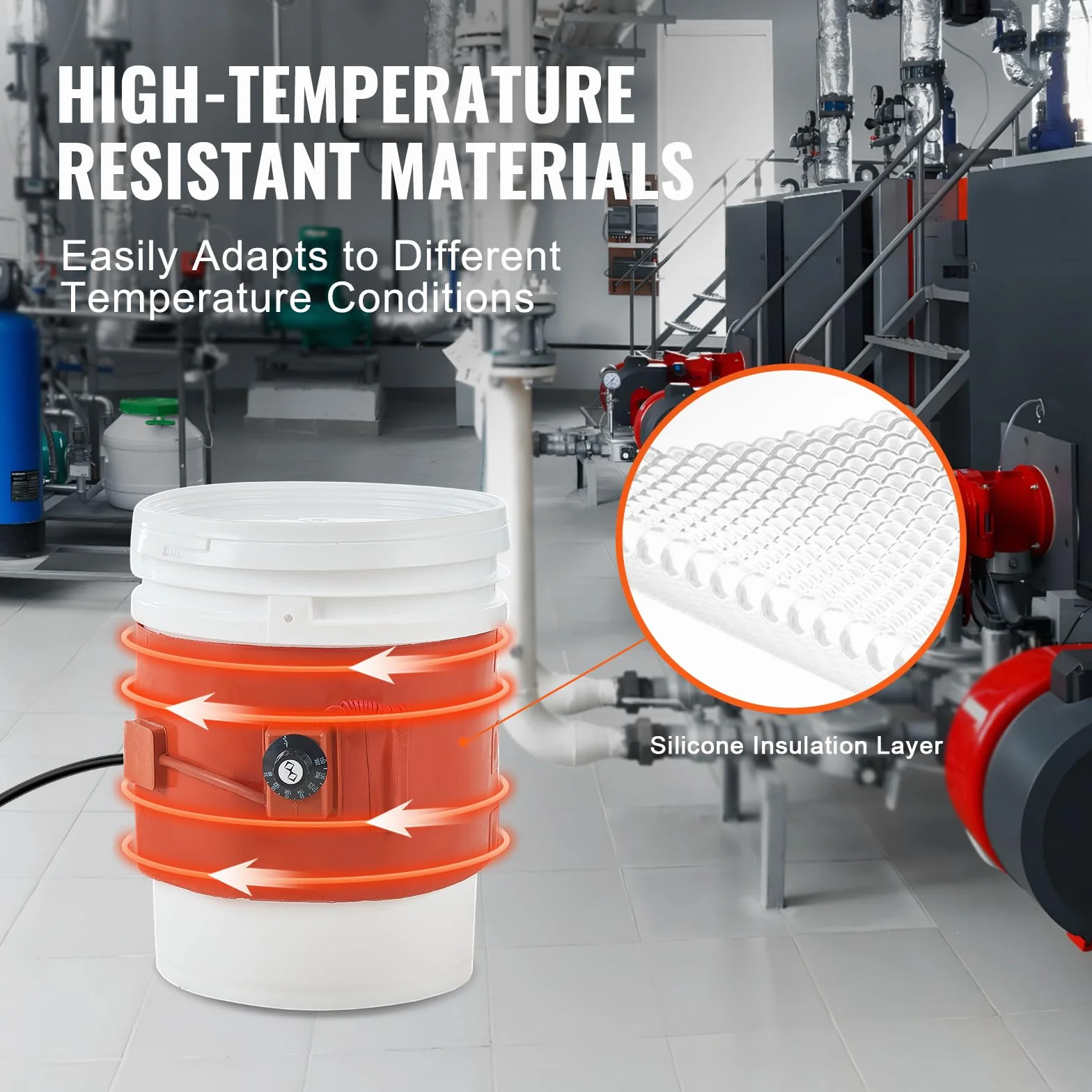 VEVOR Metalowy podgrzewacz beczki, 800 W, pas grzewczy 5 galonów, szerokość 200 mm, regulowany termostat 30 ° C - 150 °C, pasek grzewczy do beczek silikonowych, pomarańczowy