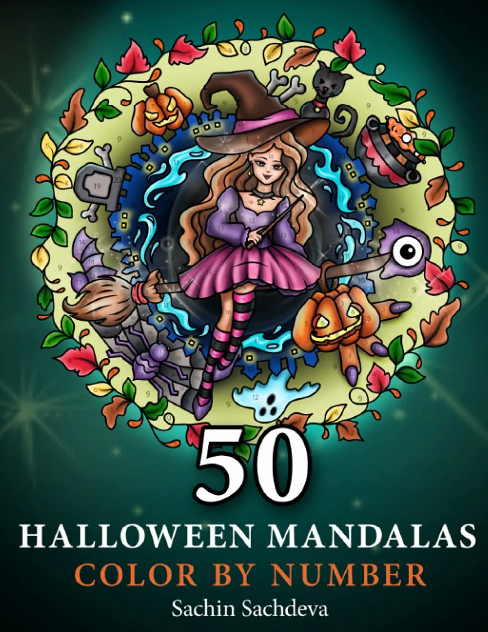 50 Halloween Mandalas: Color by Number Coloring Book for Adults features spooky mandalas of pumpkins, ghosts, sugar skulls, witches, haunted house and many more for stress relief and relaxation