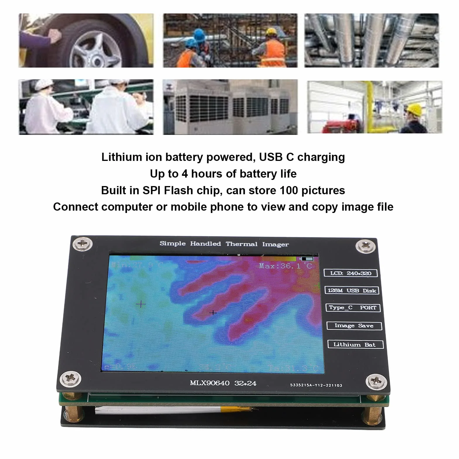CHICIRIS Kamera Termowizyjna, Cyfrowa Kamera Termowizyjna Lcd 2,8 Cala, -40 ℃ Do 300 ℃, Wbudowany Układ Flash Spi, Ładowanie Usb-C, Przenośna Kamera Termowizyjna Do Bezkontaktowego Pomiaru Temperatury