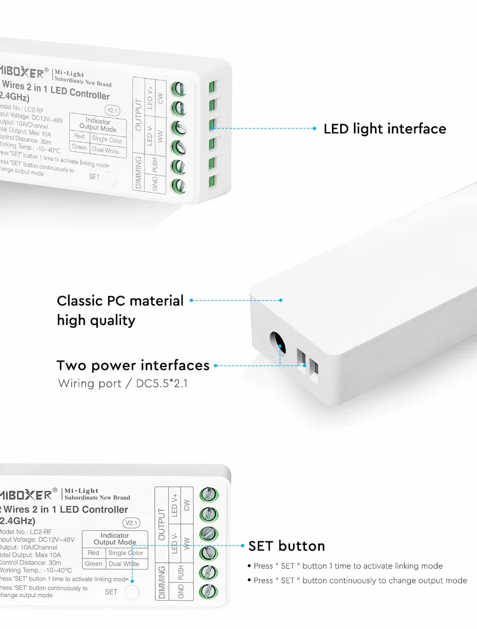 LGIDTECH Miboxer 2 przewody 2 w 1 kontroler LED RF 2,4 GHz, sterowanie aplikacją na smartfona, obsługa jednokolorowych i COB 2 przewodów CCT podwójny biały kolor taśmy LED