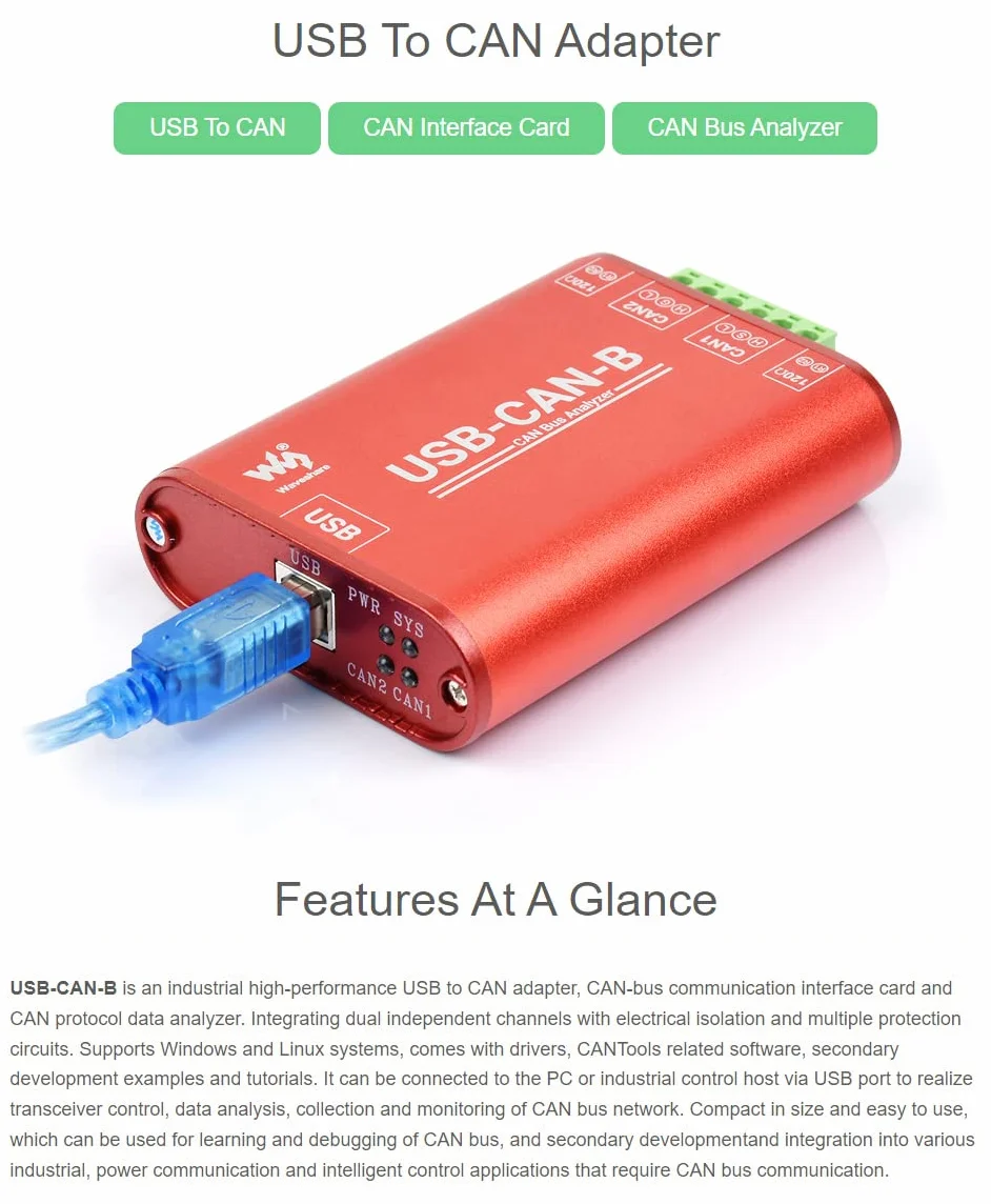 Waveshare USB to CAN Adapter Dual-Channel CAN Analyzer Industrial Isolation Support Windows and Linux