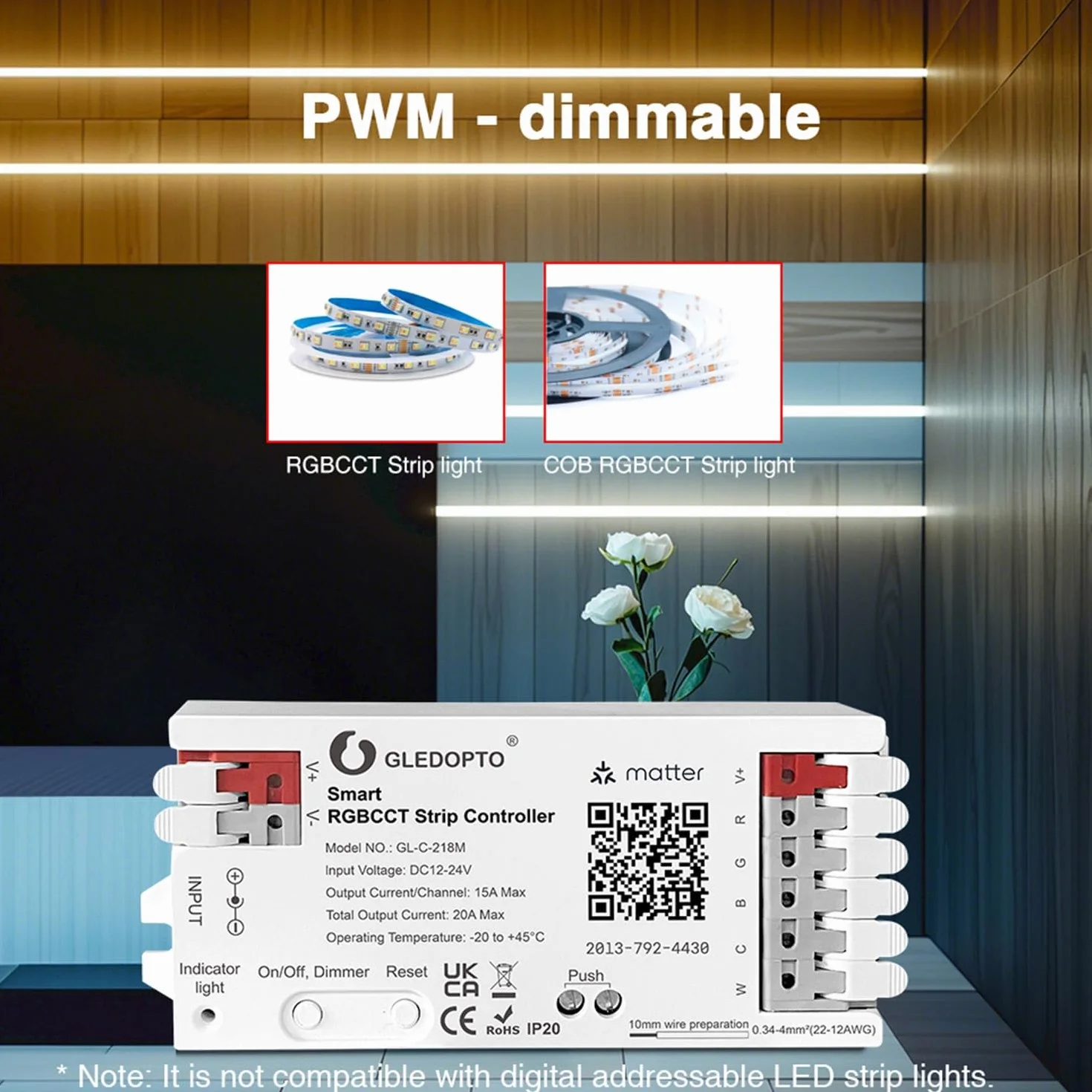 GLEDOPTO Matter WiFi RGBCCT 5-kanałowy kontroler LED 12-24 V PWM 20 A Smart Home GL-C-218M