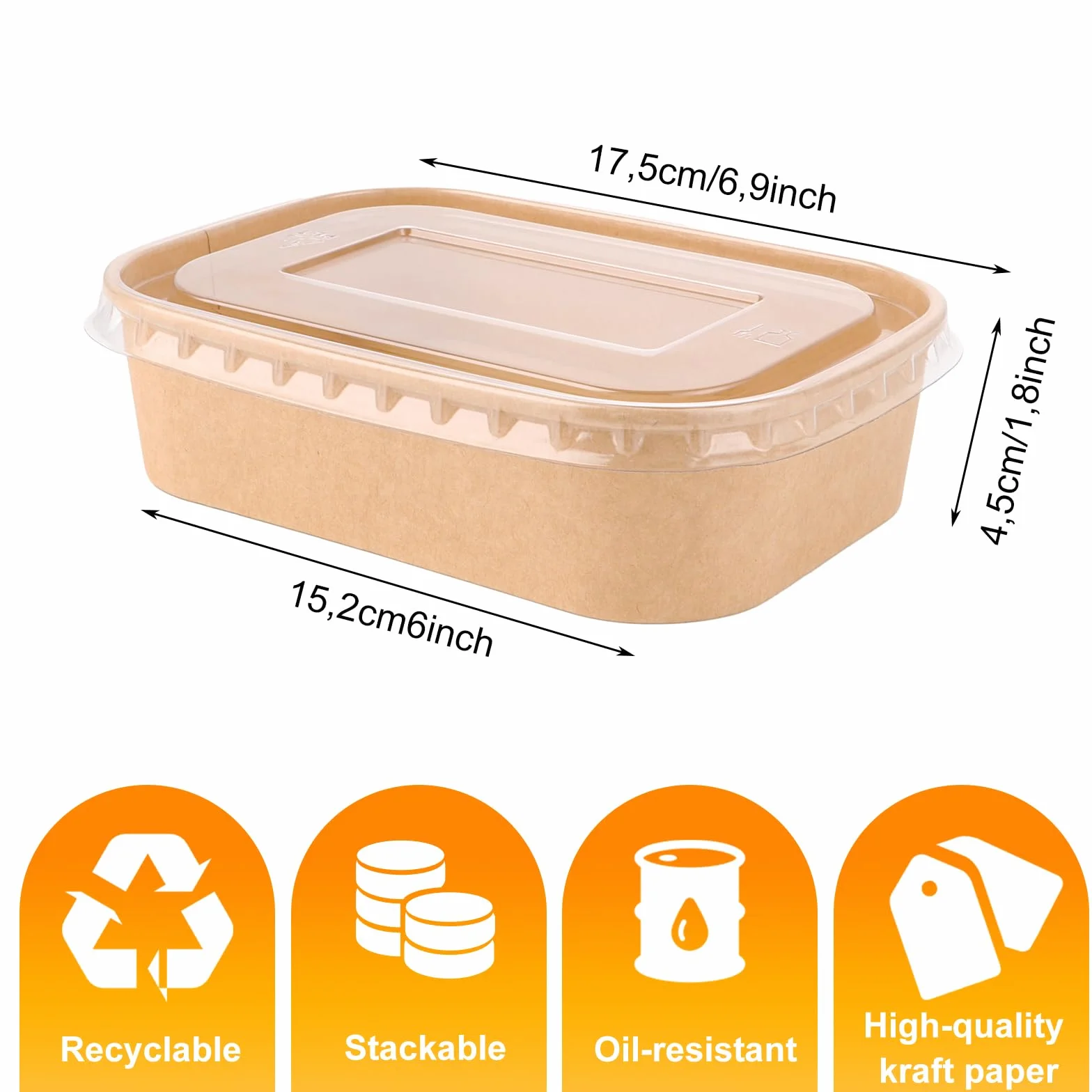 50 sztuk tac z papieru typu kraftowego, 500 ml, pudełko z papieru typu kraft, 171 x 120 x 43 mm, opakowanie na żywność, jednorazowe opakowanie z pokrywką, brązowe pudełka Take aAway, miski