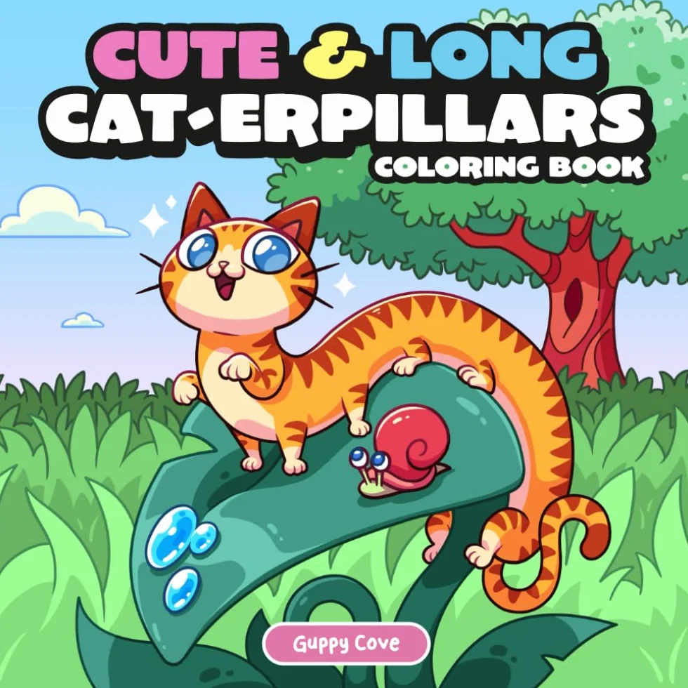 Cute & Long Cat-erpillars: Hand-Drawn Cat Coloring Book for Adults and Kids