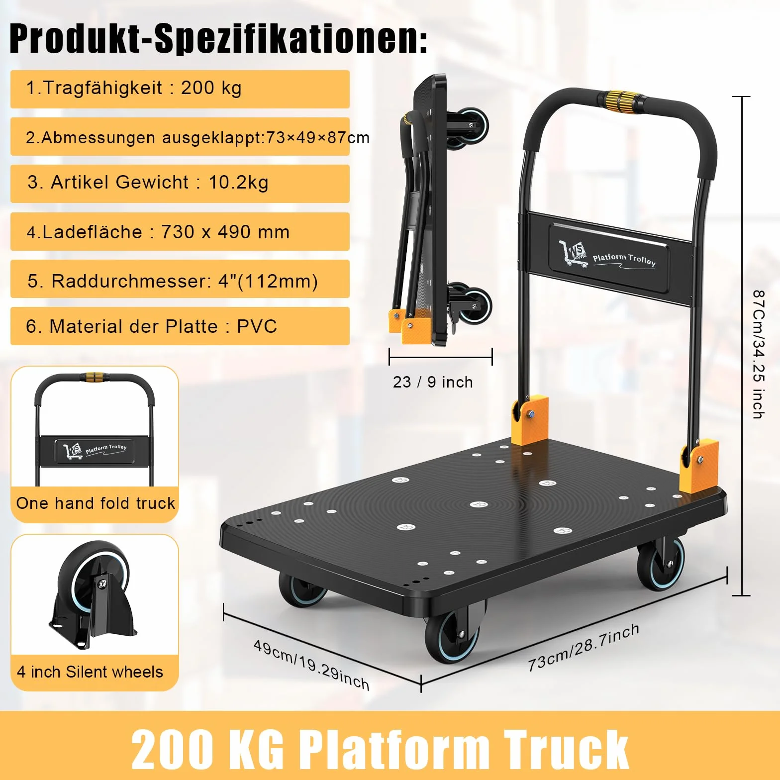 N&S Juvyig Wózek transportowy, składany jedną ręką, wózek platformowy, 200 kg, cichy wózek (żółty, mały rozmiar)