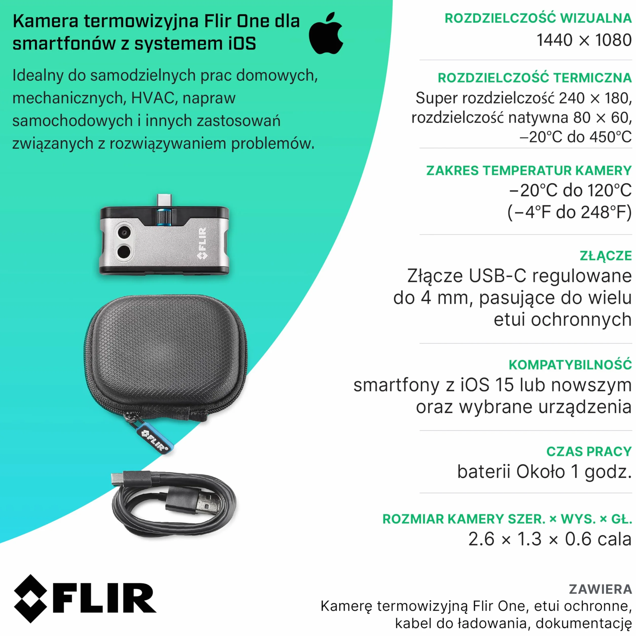 Flir One Kamera Termowizyjna Do Smartfonów iOS iPhone 15 USB-C 240x180 Superrozdzielczość
