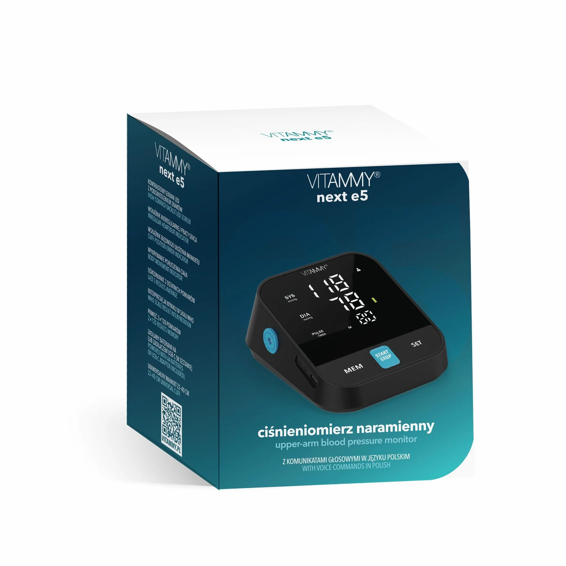 VITAMMY Next e5 Ciśnieniomierz naramienny, czarny, z komunikatami głosowymi po polsku, mankiet 22-40 cm, zasilanie USB-C/baterie AA, z etui, wyświetlacz LCD
