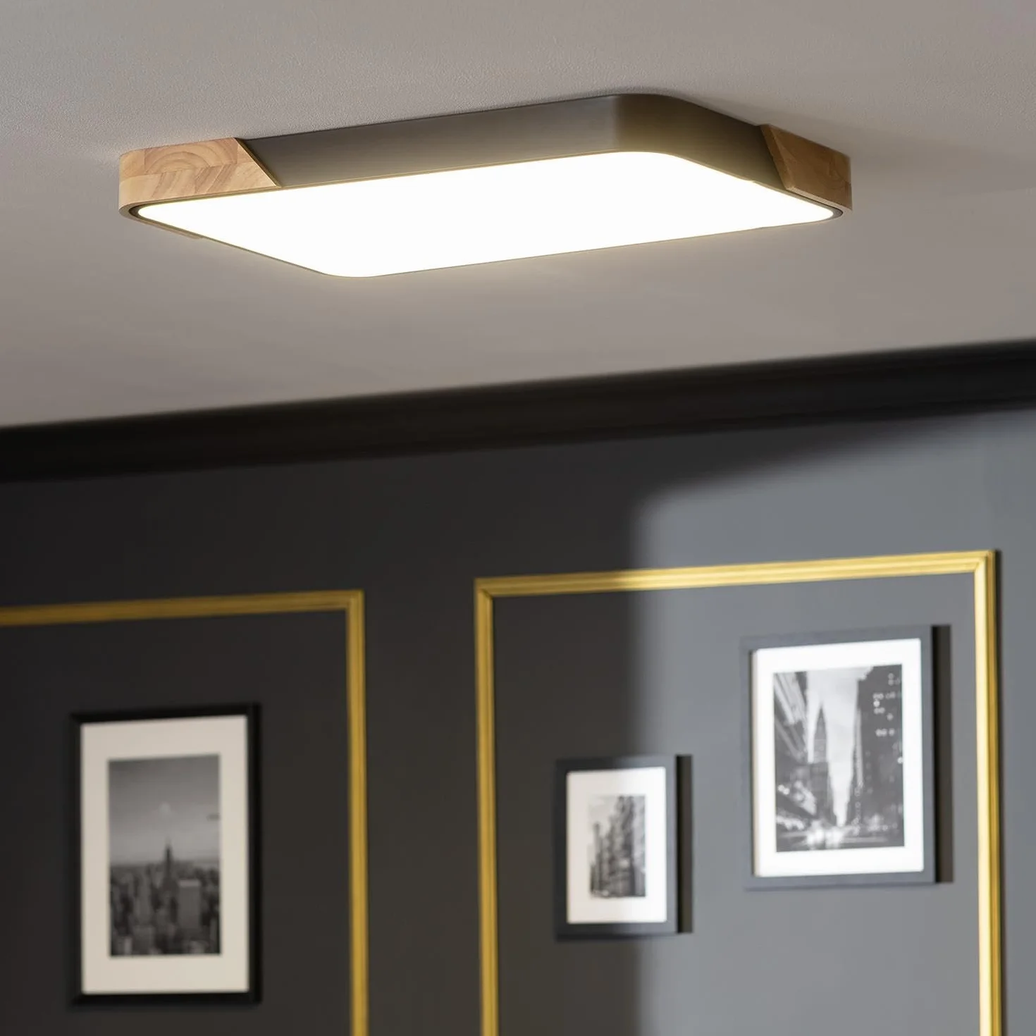 LEDKIA LIGHTING Plafon LED 30W Prostokątny z Drewna i Aluminium 625x425mm CCT Semi-Dari Czarny