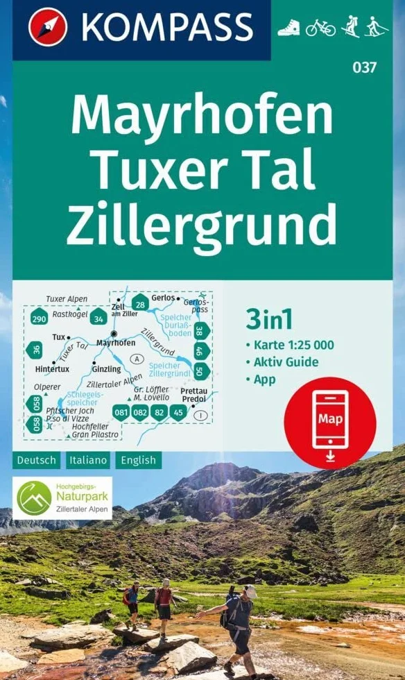 037 mayrhofen -tuxer - tal zillergrun: 3in1 Wanderkarte mit Aktiv Guide inklusive Karte zur offline Verwendung in der KOMPASS-App. Fahrradfahren. Skitouren. Langlaufen.
