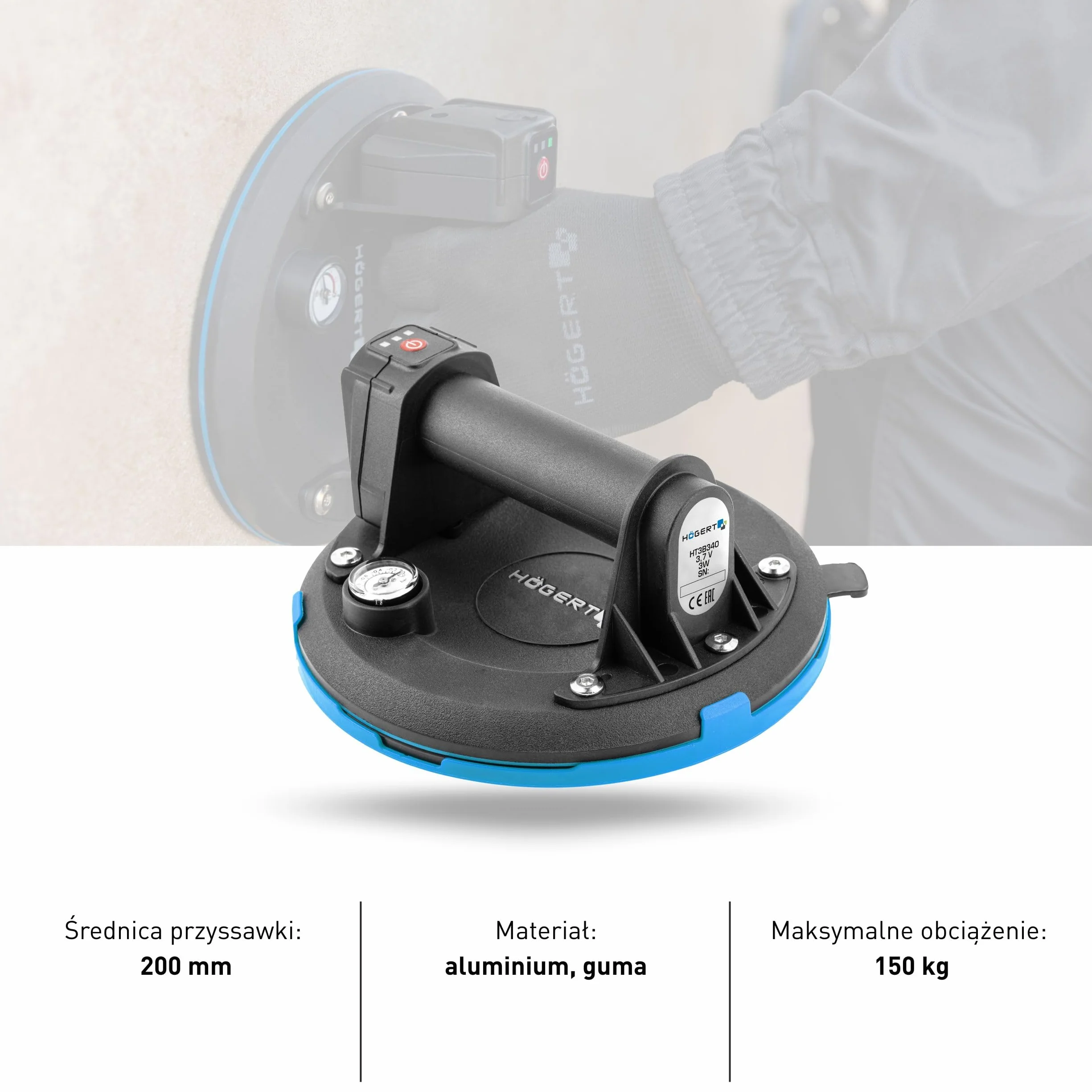 HÖGERT TECHNIK - Przyssawka akumulatorowa 200 mm z manometrem, odkurzacz akumulatorowy Heavy Duty, udźwig: 150 kg, przyssawka jest używana podczas transportu szyb okiennych, gładkich przedmiotów i