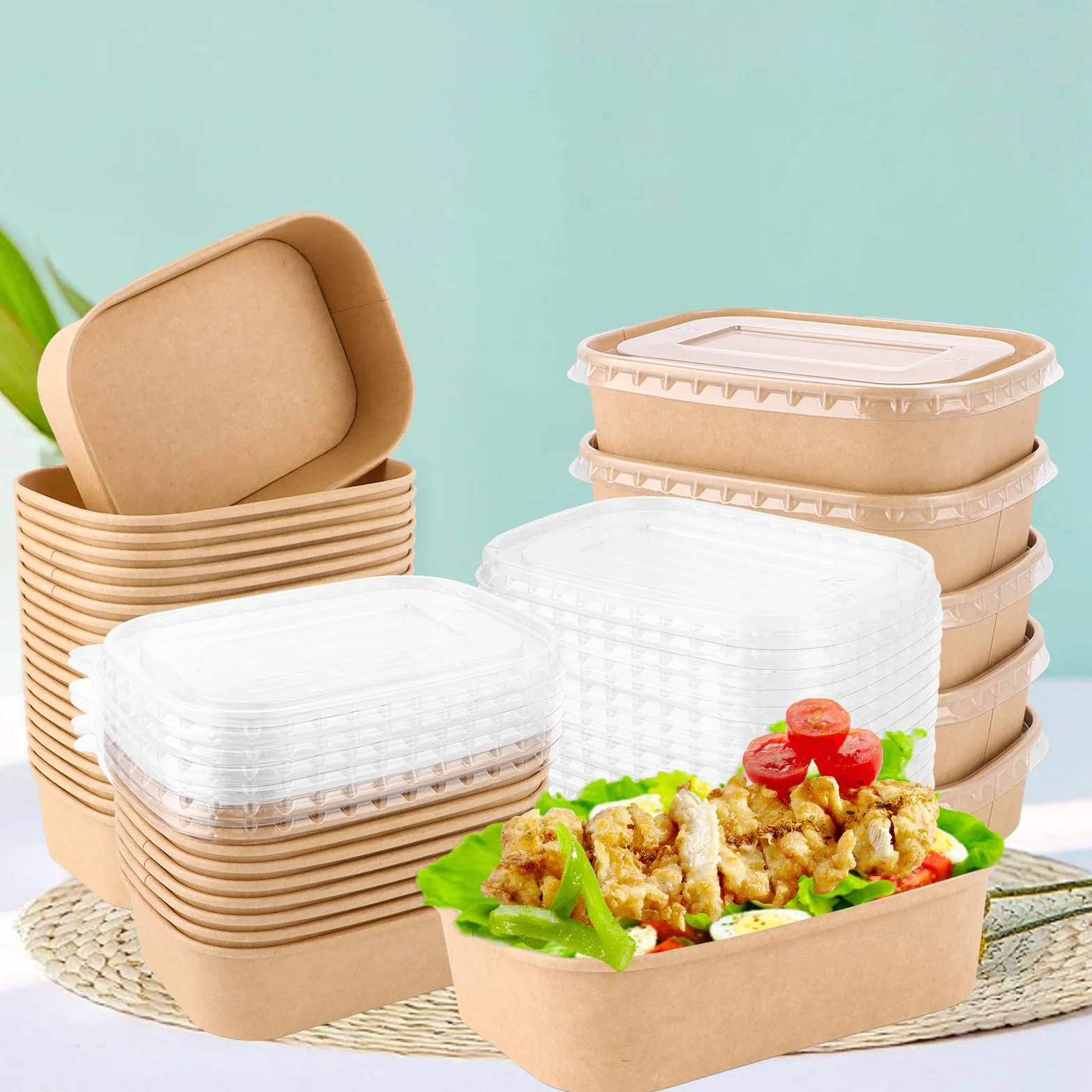 50 sztuk tac z papieru typu kraftowego, 500 ml, pudełko z papieru typu kraft, 171 x 120 x 43 mm, opakowanie na żywność, jednorazowe opakowanie z pokrywką, brązowe pudełka Take aAway, miski