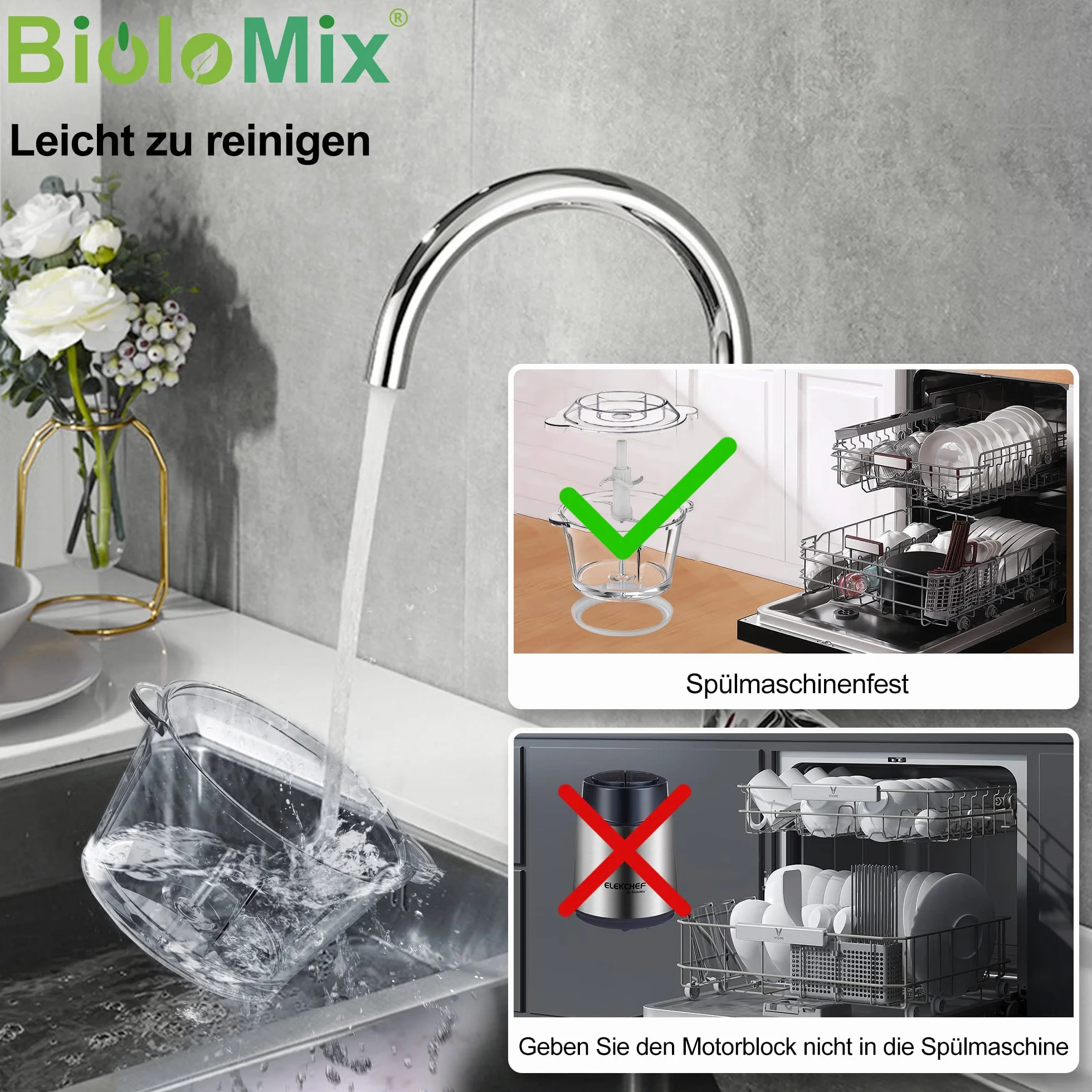 Biolomix Rozdrabniacz elektryczny 500 W, wydajny silnik, 2-biegowa regulacja prędkości, szklana miska do mieszania 1,8 l, z ostrzami ze stali nierdzewnej, nadaje się do jedzenia dla niemowląt, mięsa